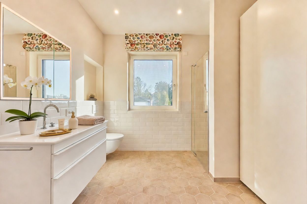 Helles Badezimmer mit Fenster, Waschbecken, Spiegel, WC, Dusche und weißer Einrichtung.