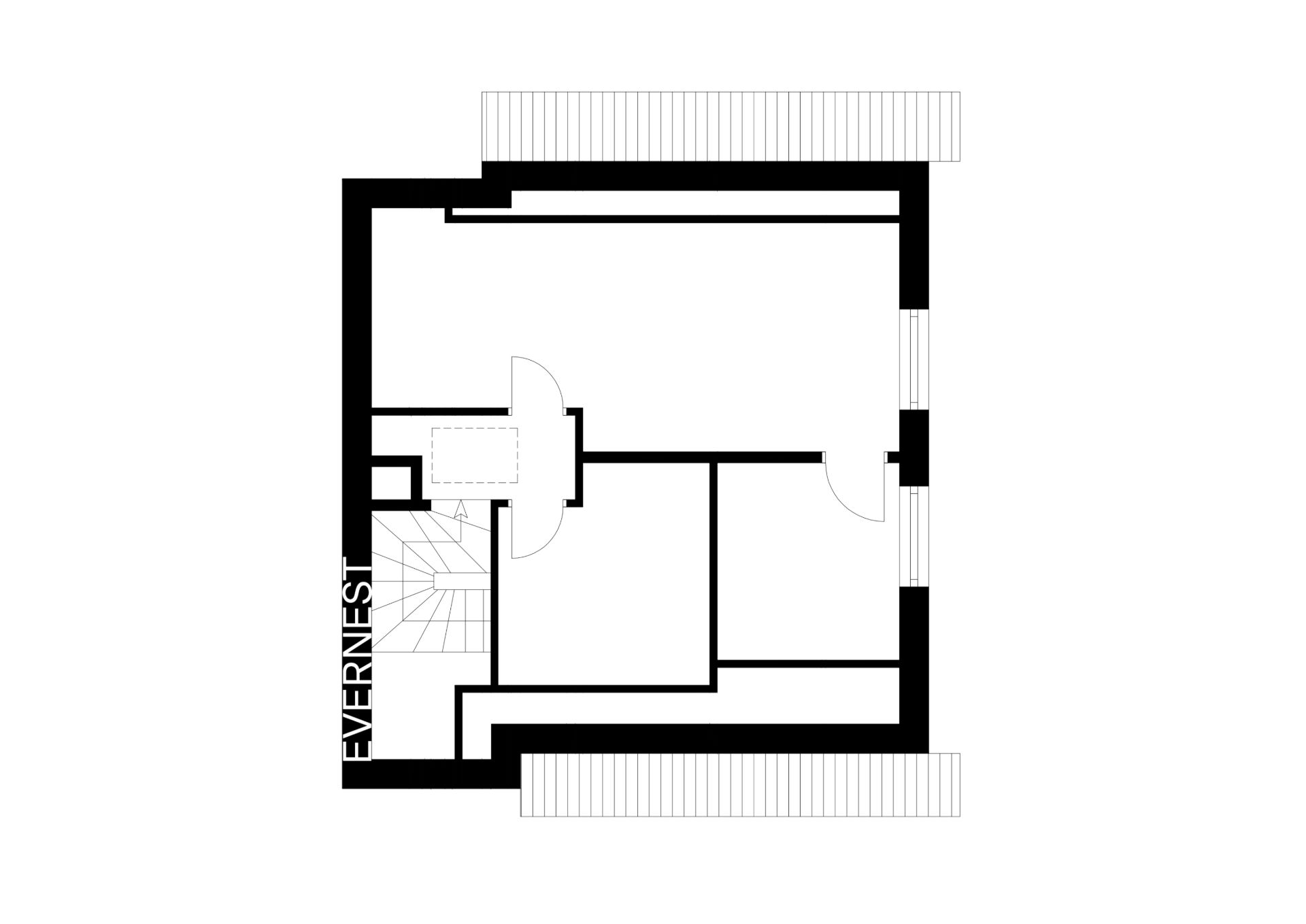 Schwarz-weißer Grundriss mit mehreren Räumen und Treppe auf der linken Seite.