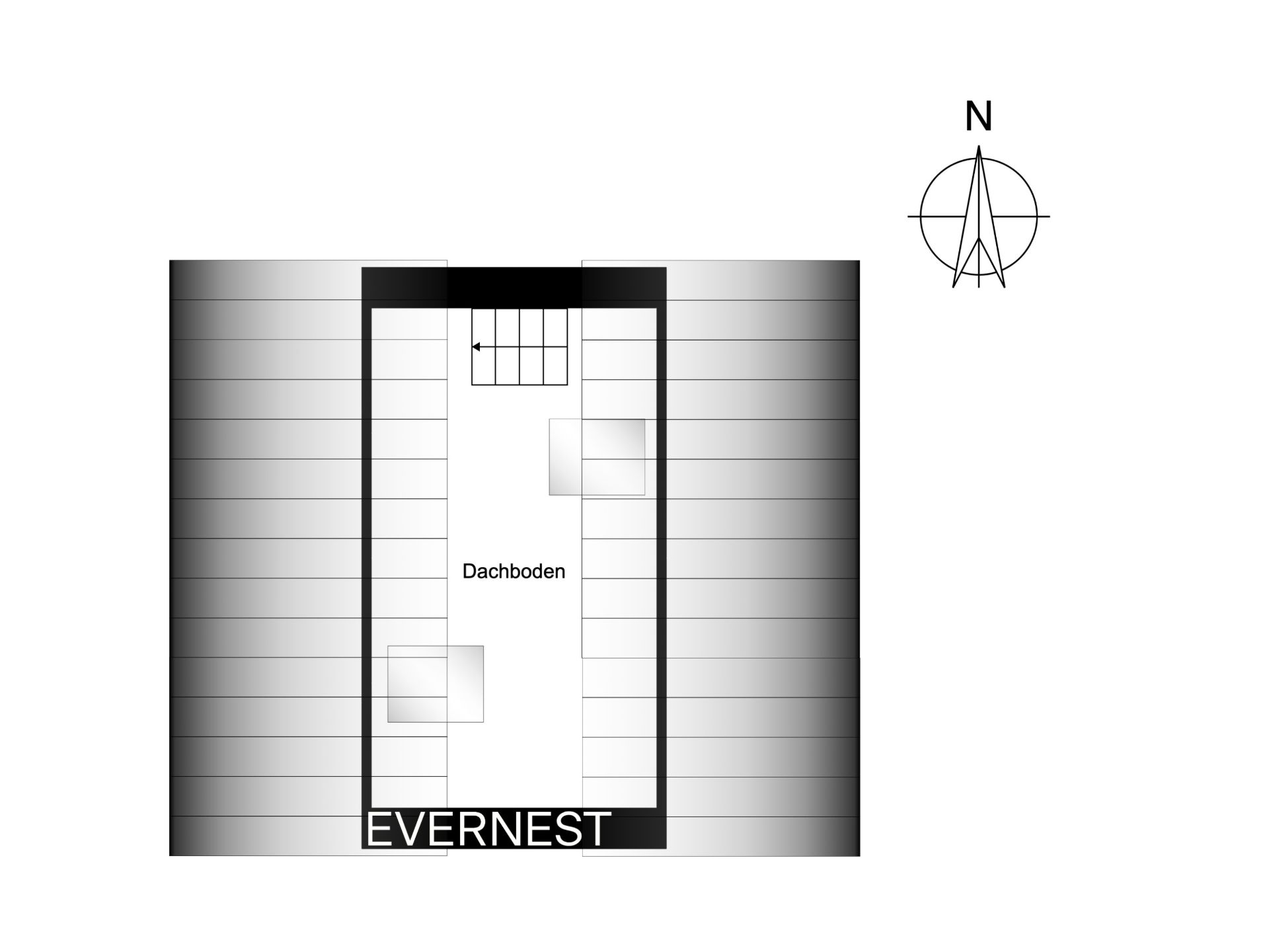 Grundriss eines Dachbodens mit Treppe in einem Wohngebäude.