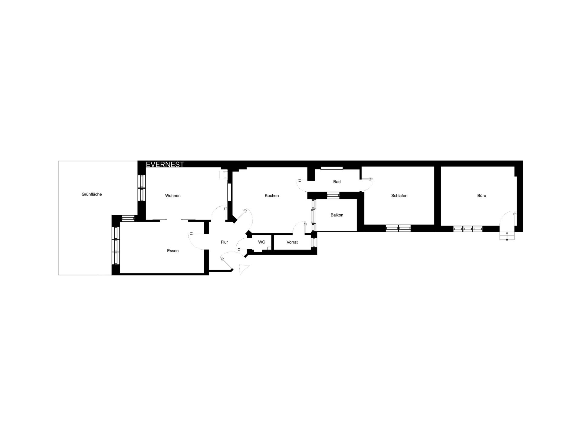 Grundriss einer Wohnung mit Garten, Wohnzimmer, Esszimmer, Küche, Bad, Schlafzimmer und Büro.