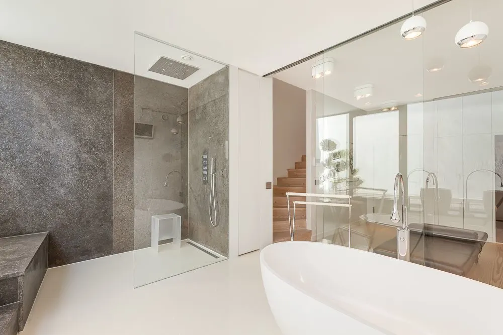 Modernes Badezimmer mit freistehender Badewanne, großer Dusche und Glaswänden.