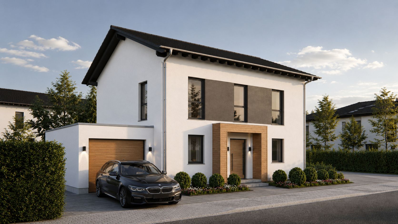 Modernes zweistöckiges Wohnhaus mit Garage und geparktem Auto vor dem Haus.