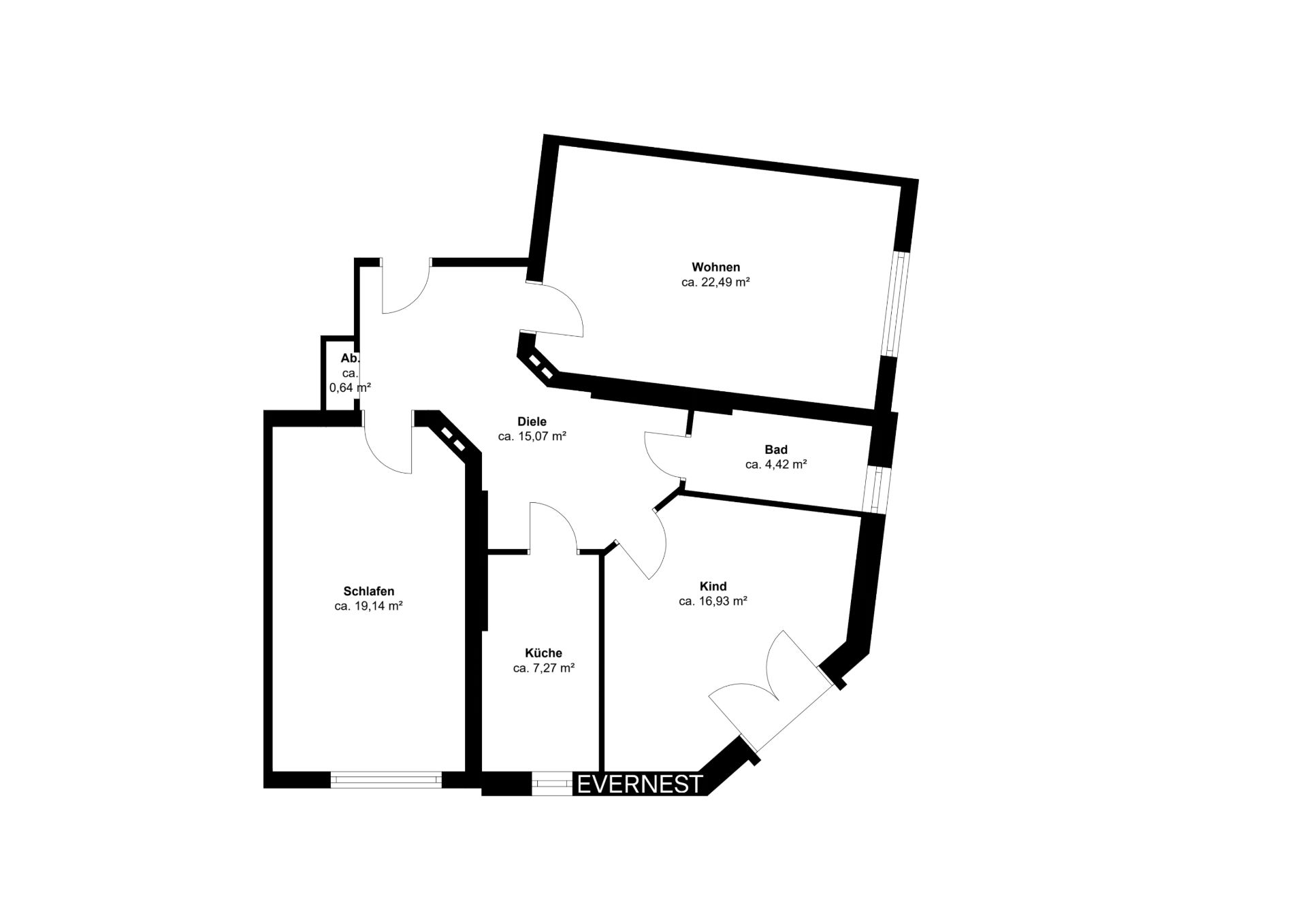 Grundriss einer Wohnung mit Wohn-, Schlaf-, Kinderzimmer, Bad, Küche, Diele und Abstellraum.