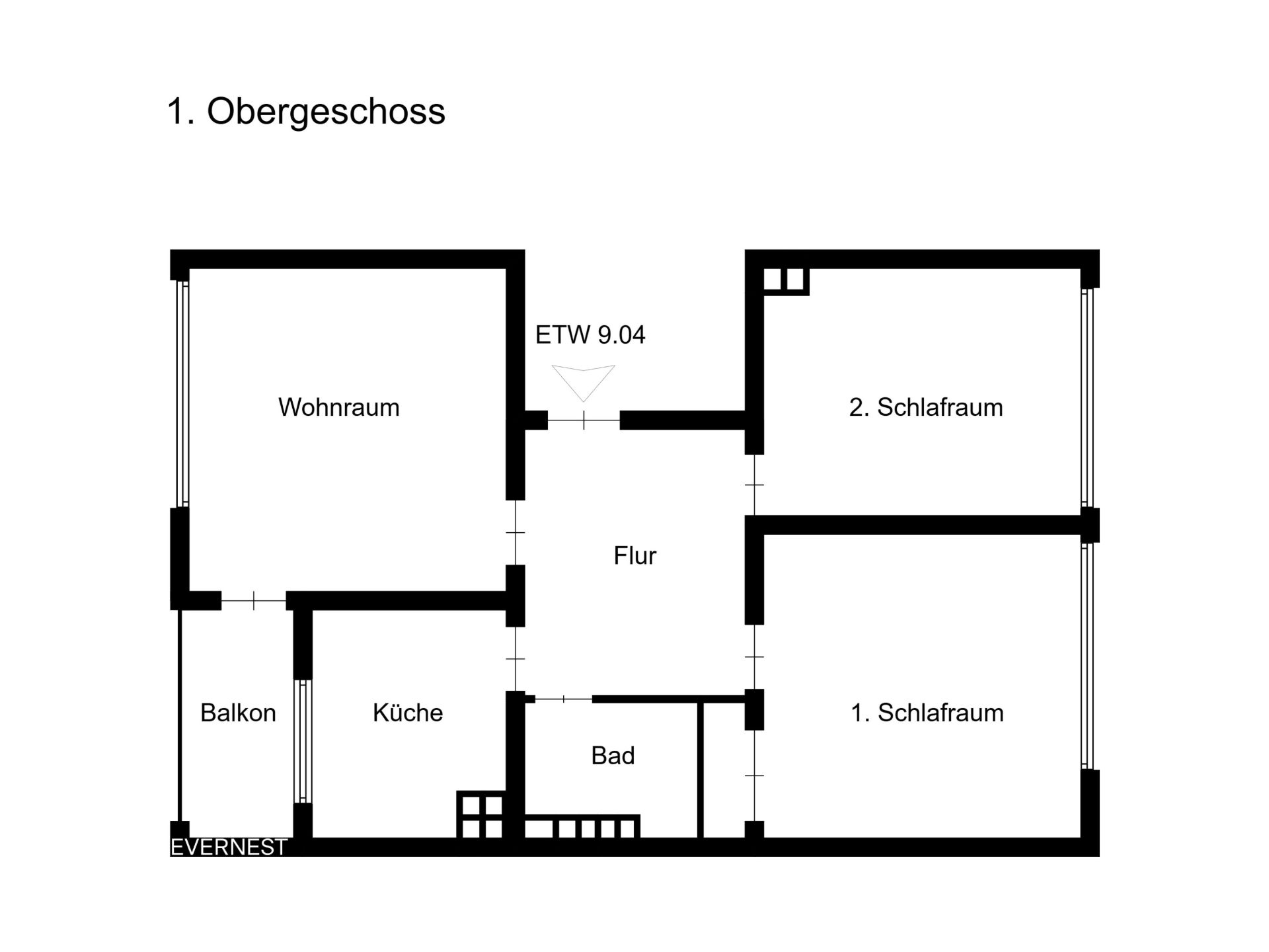 Grundriss einer Wohnung mit Wohnzimmer, zwei Schlafzimmern, Küche, Bad, Flur und Balkon.