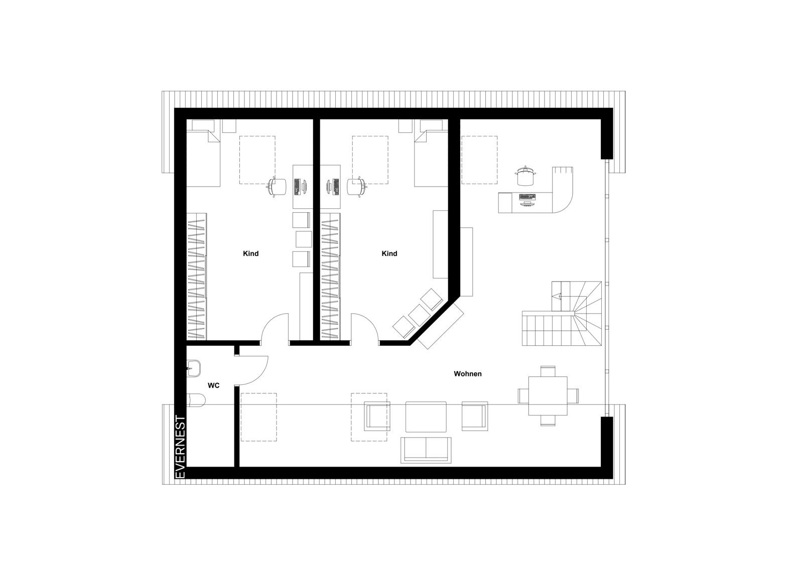 Grundriss mit zwei Kinderzimmern, Wohnzimmer, Küche, Essbereich und WC.