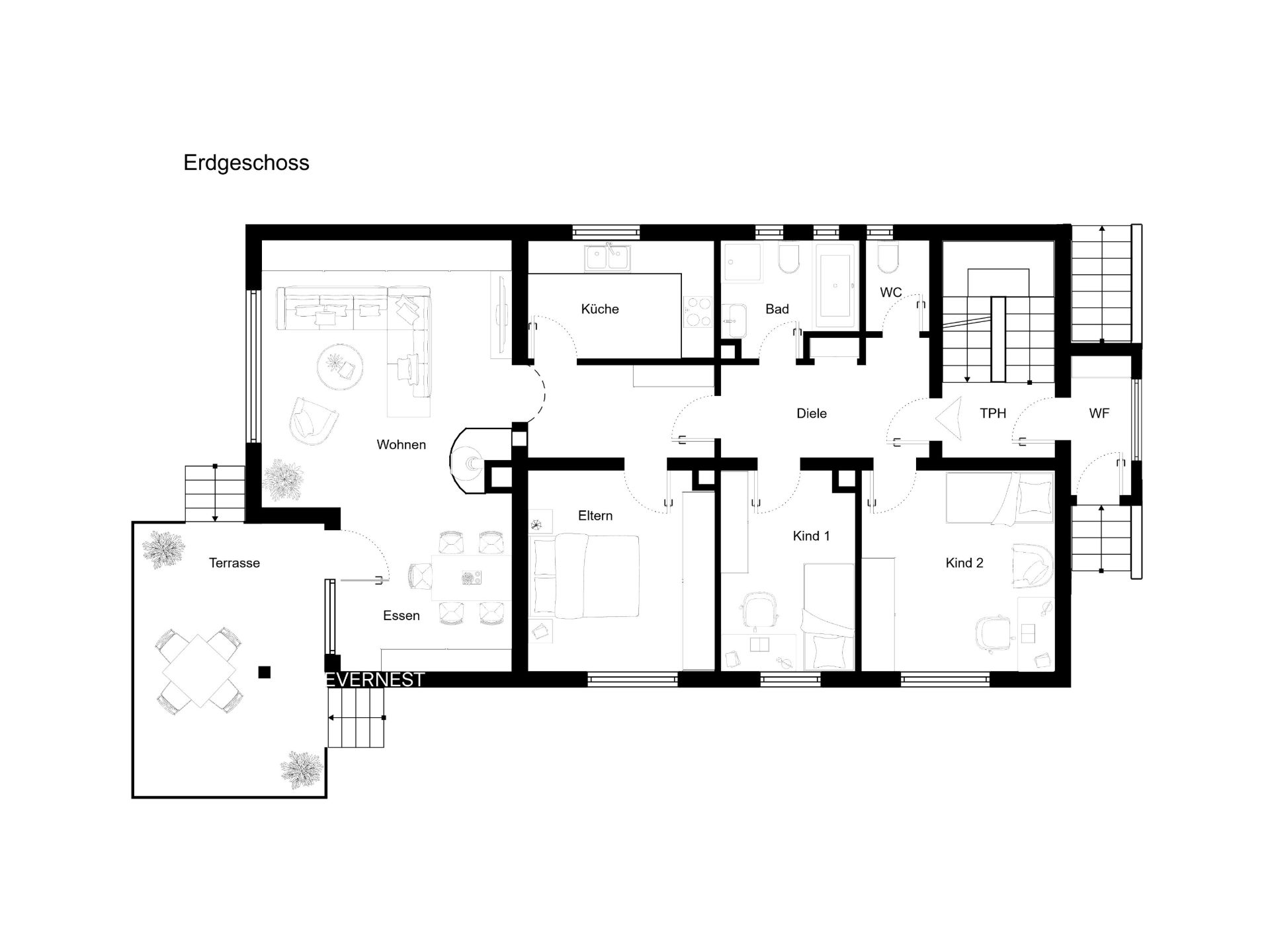 Grundriss des Erdgeschosses mit Terrasse, Wohnzimmer, Küche, Essbereich und mehreren Zimmern.