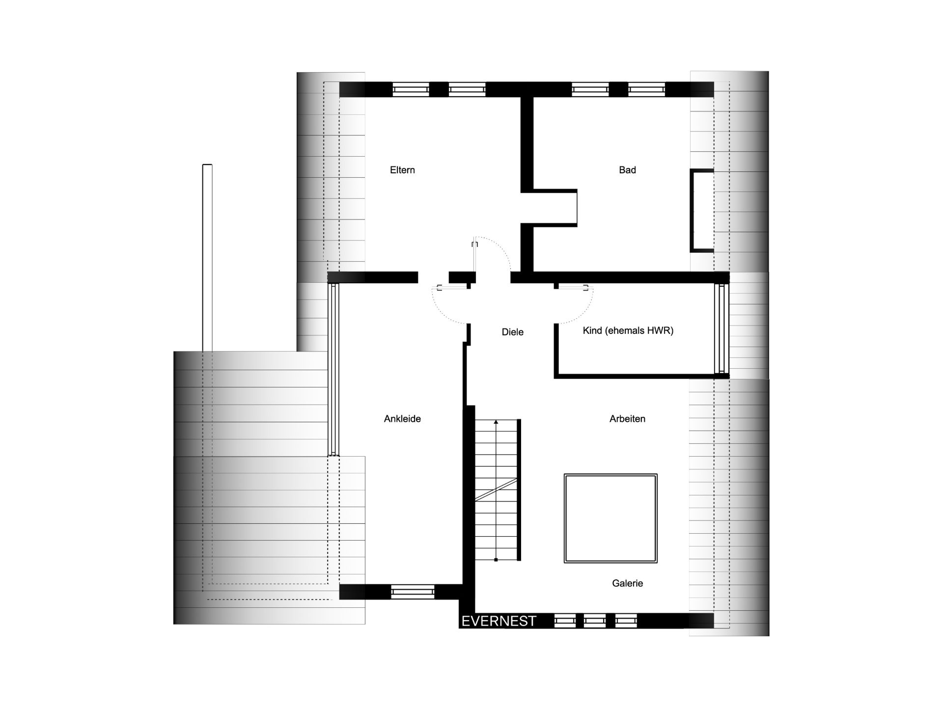 Grundriss eines Hauses mit Räumen wie Eltern, Kind, Bad, Ankleide, Galerie und Arbeiten.