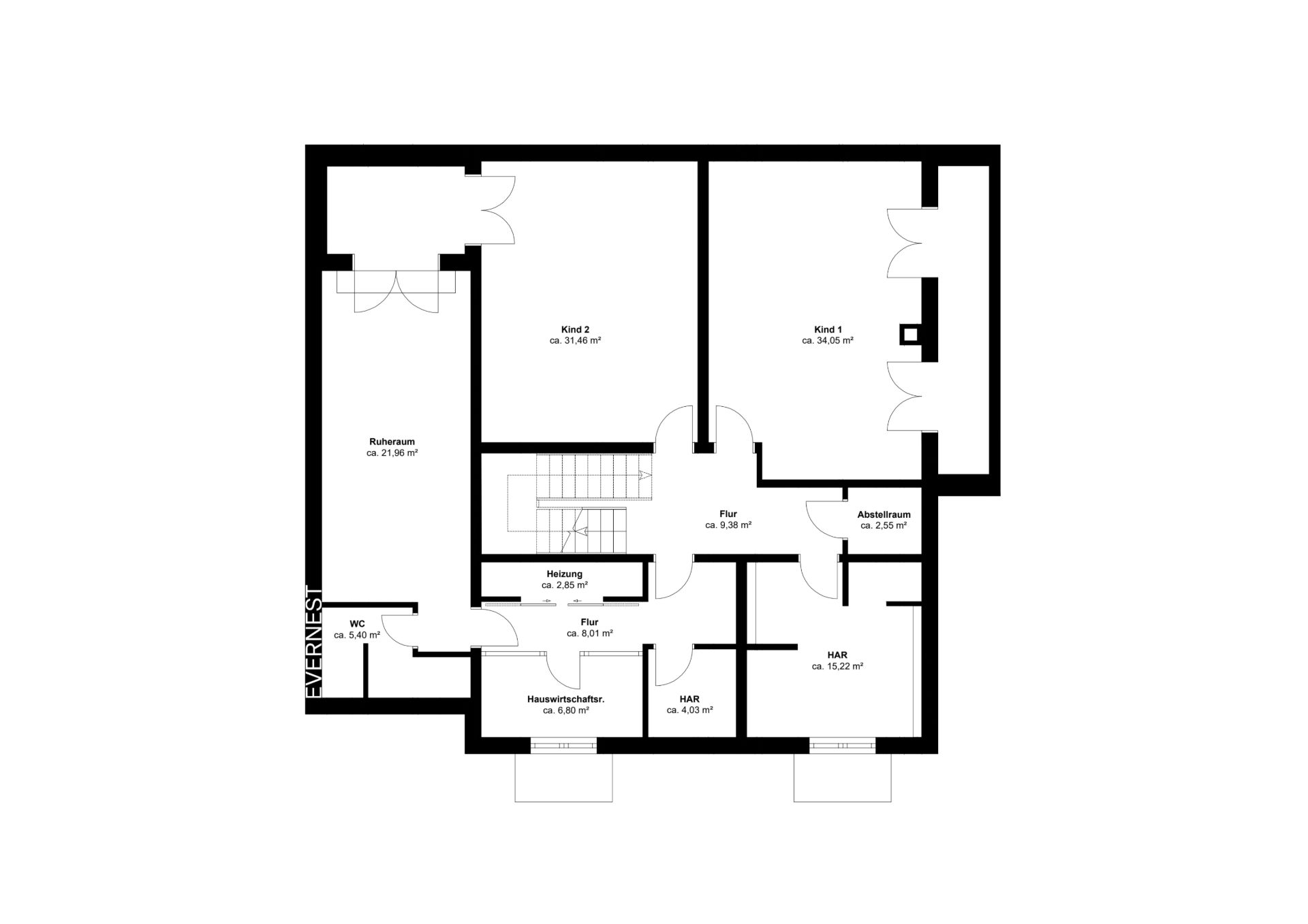 Grundriss eines Hauses mit zwei Kinderzimmern, Hauswirtschaftsraum, WC, Heizraum und Flur.
