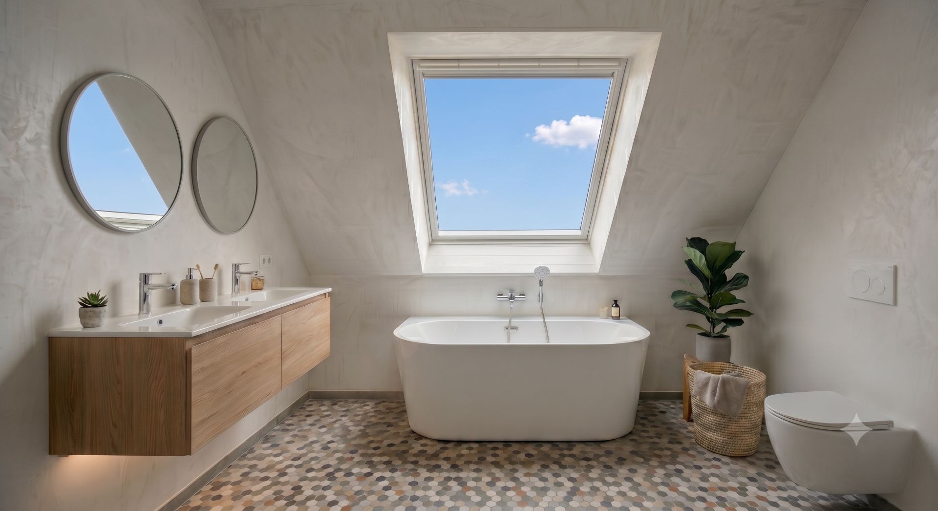 Modernes Bad mit freistehender Badewanne, Dachfenster, Doppelwaschbecken und Pflanze.