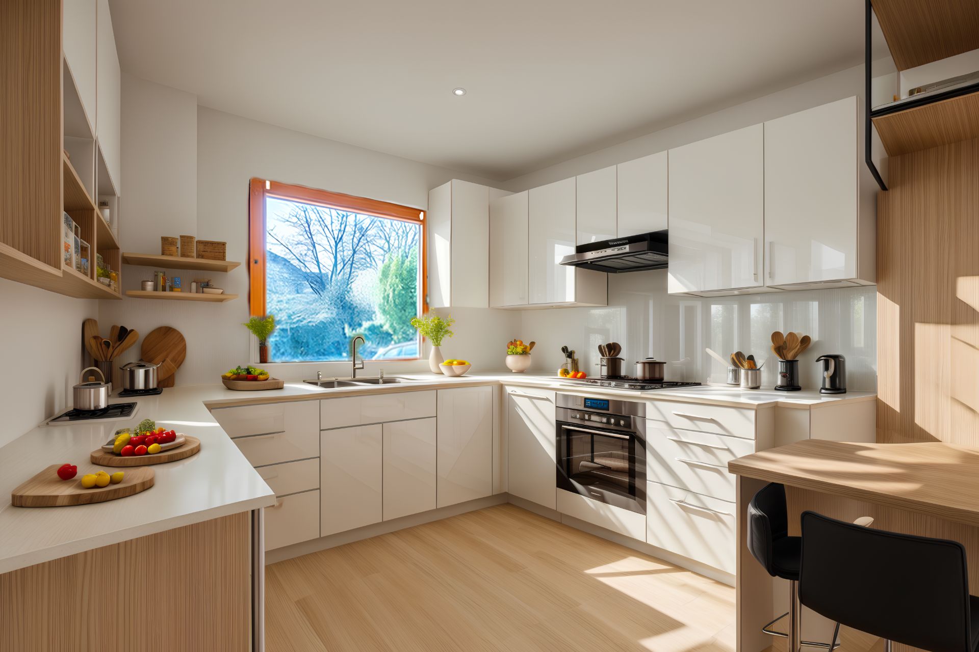 Helle, moderne Einbauküche mit weißen Schränken, großem Fenster und Holzfußboden.