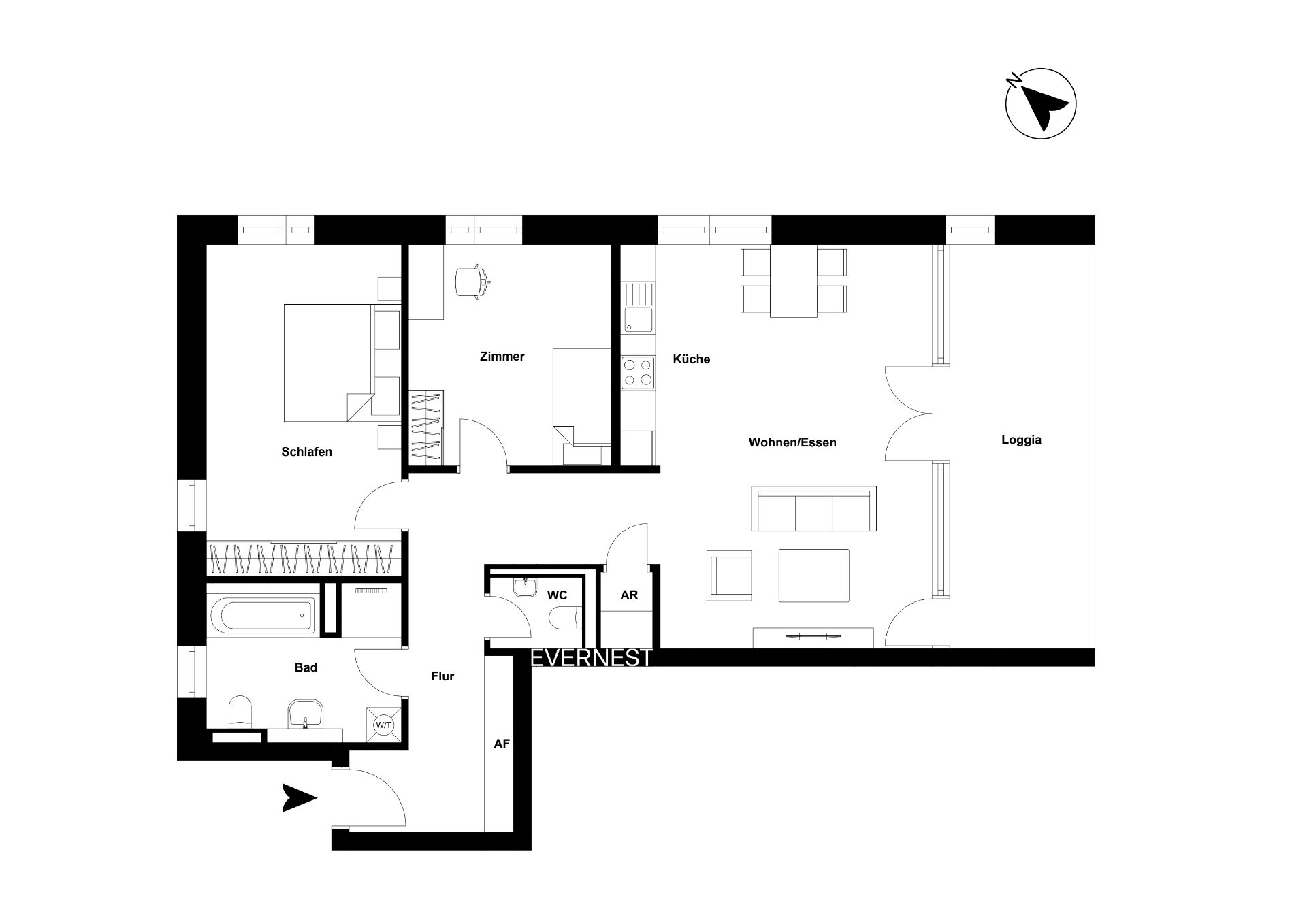 Grundriss einer Wohnung mit Schlafzimmer, Bad, Küche, Wohnzimmer und Loggia.