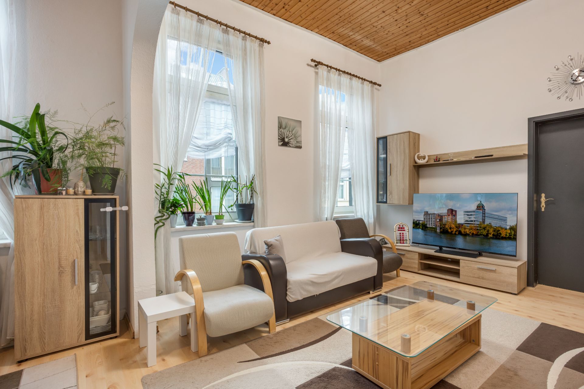 Helles Wohnzimmer mit Sofa, Sessel, Couchtisch, Fernseher und mehreren Pflanzen am Fenster.
