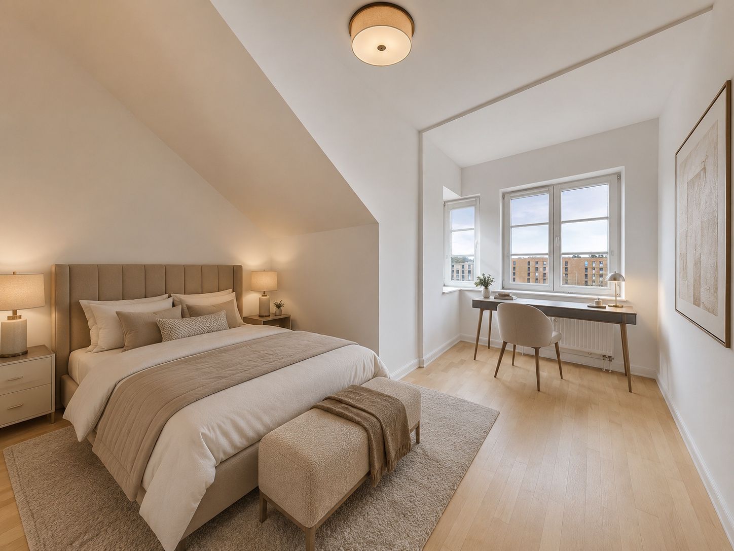 Helles Schlafzimmer mit Doppelbett, Schreibtisch am Fenster und neutralen Farben.