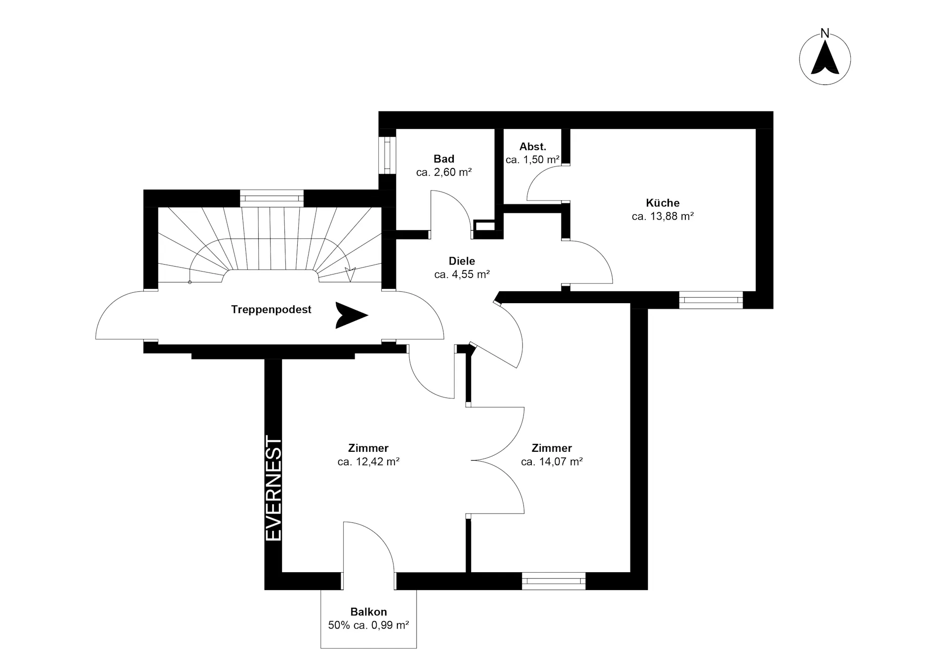 Grundriss einer Wohnung mit zwei Zimmern, Küche, Bad, Abstellraum, Diele und Balkon.
