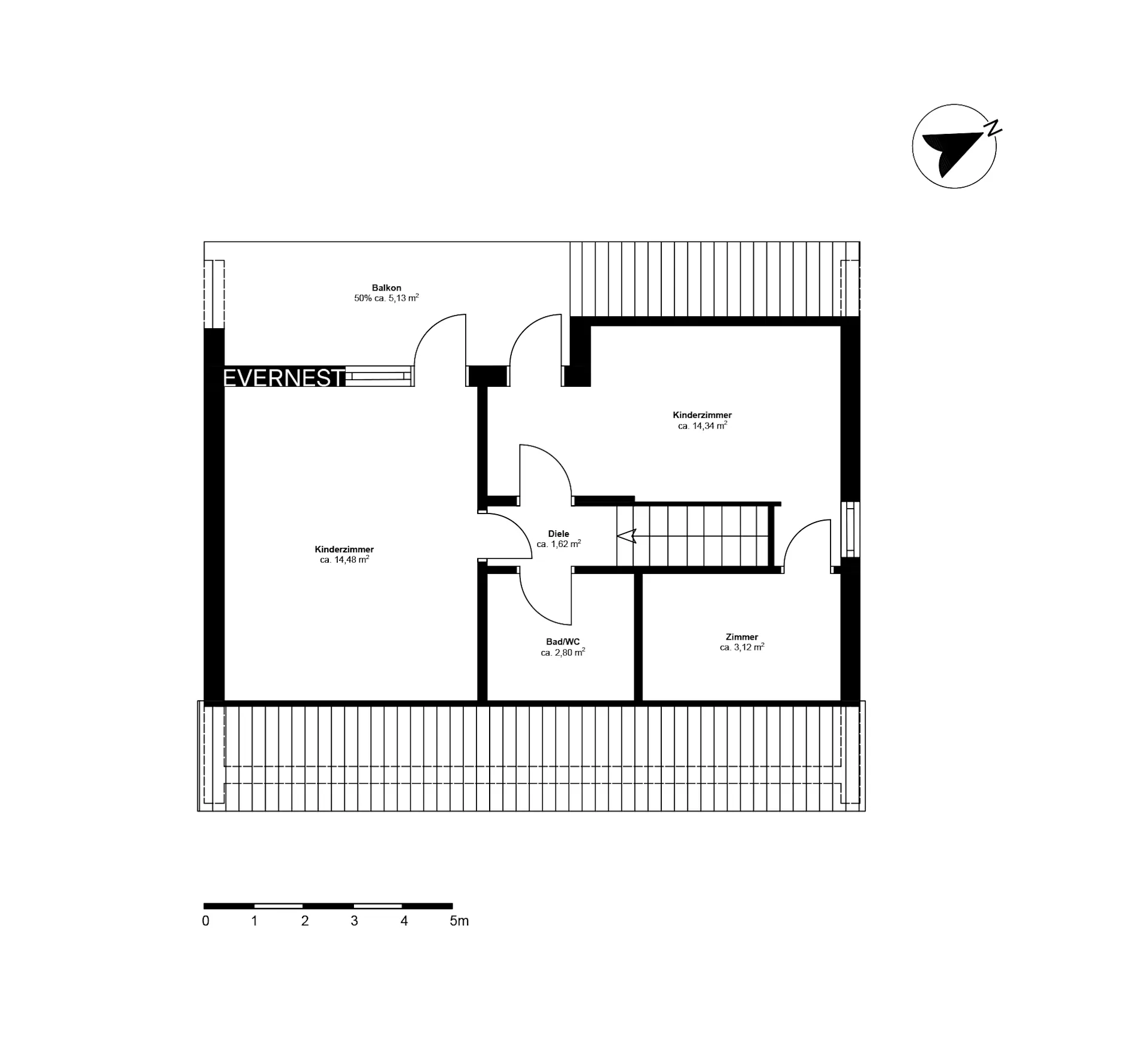 Grundriss einer Wohnung mit zwei Kinderzimmern, einem Bad, einem Zimmer, Flur und Balkon.
