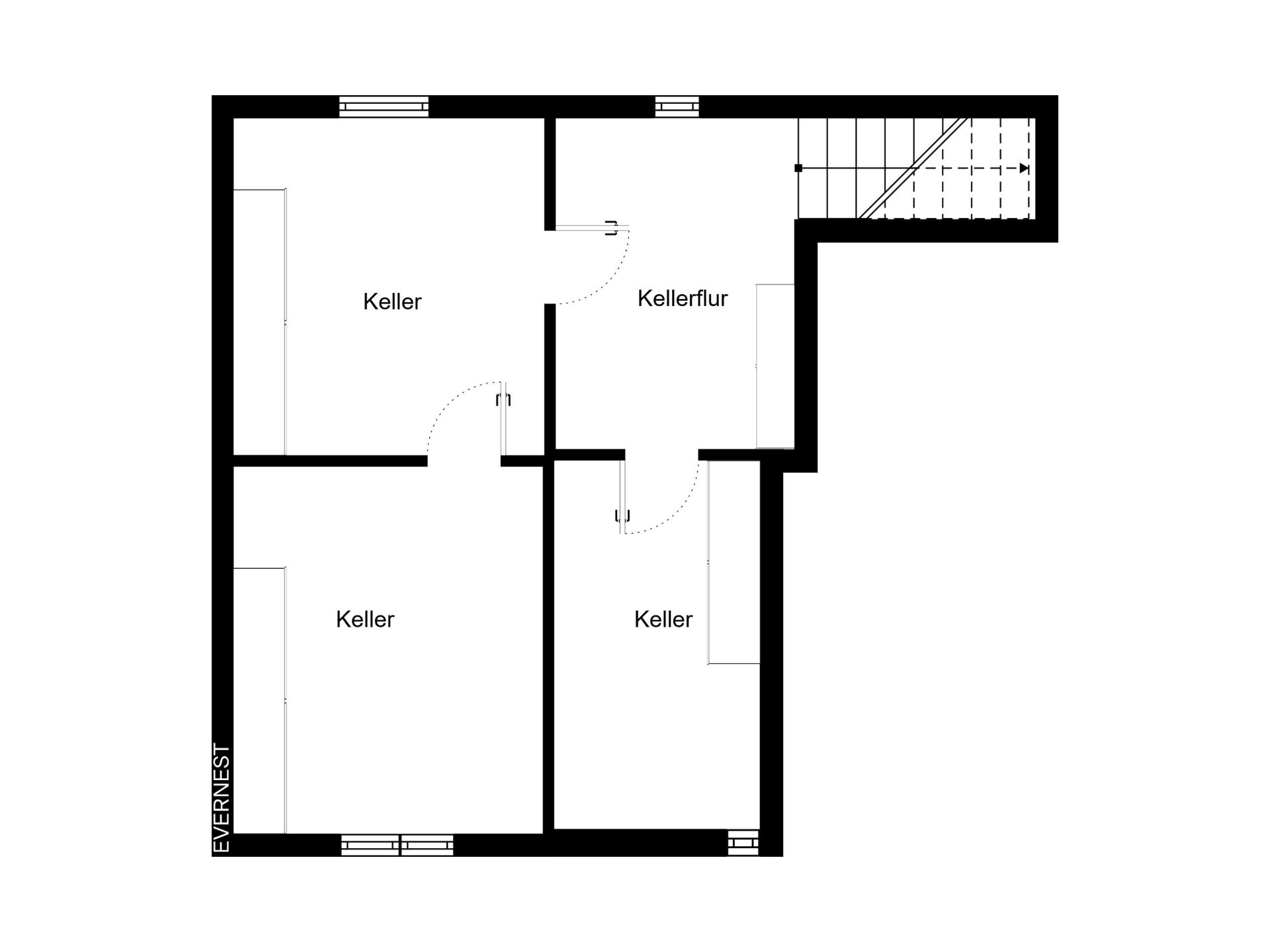 Grundriss mit drei Kellerräumen, einem Kellerflur und einer Treppe.