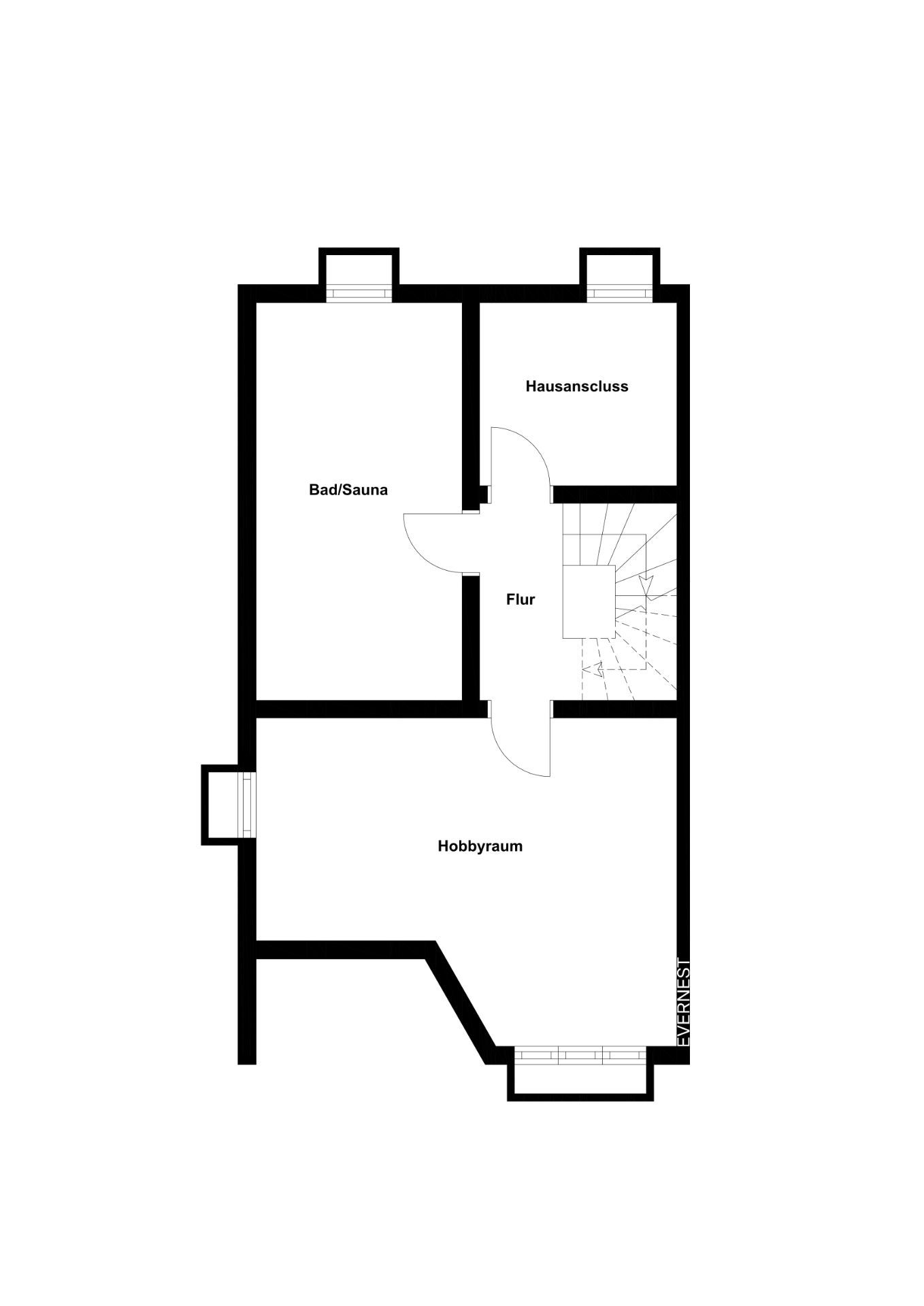 Grundriss mit Bad/Sauna, Hausanschluss, Flur, Treppe und Hobbyraum.