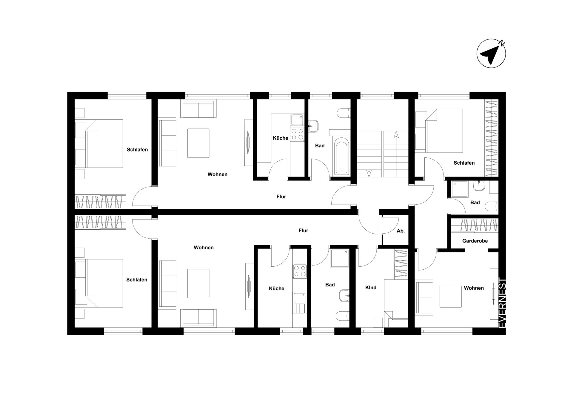 Grundriss einer Wohnung mit Schlafzimmern, Wohnzimmern, Küchen, Bädern und Fluren.