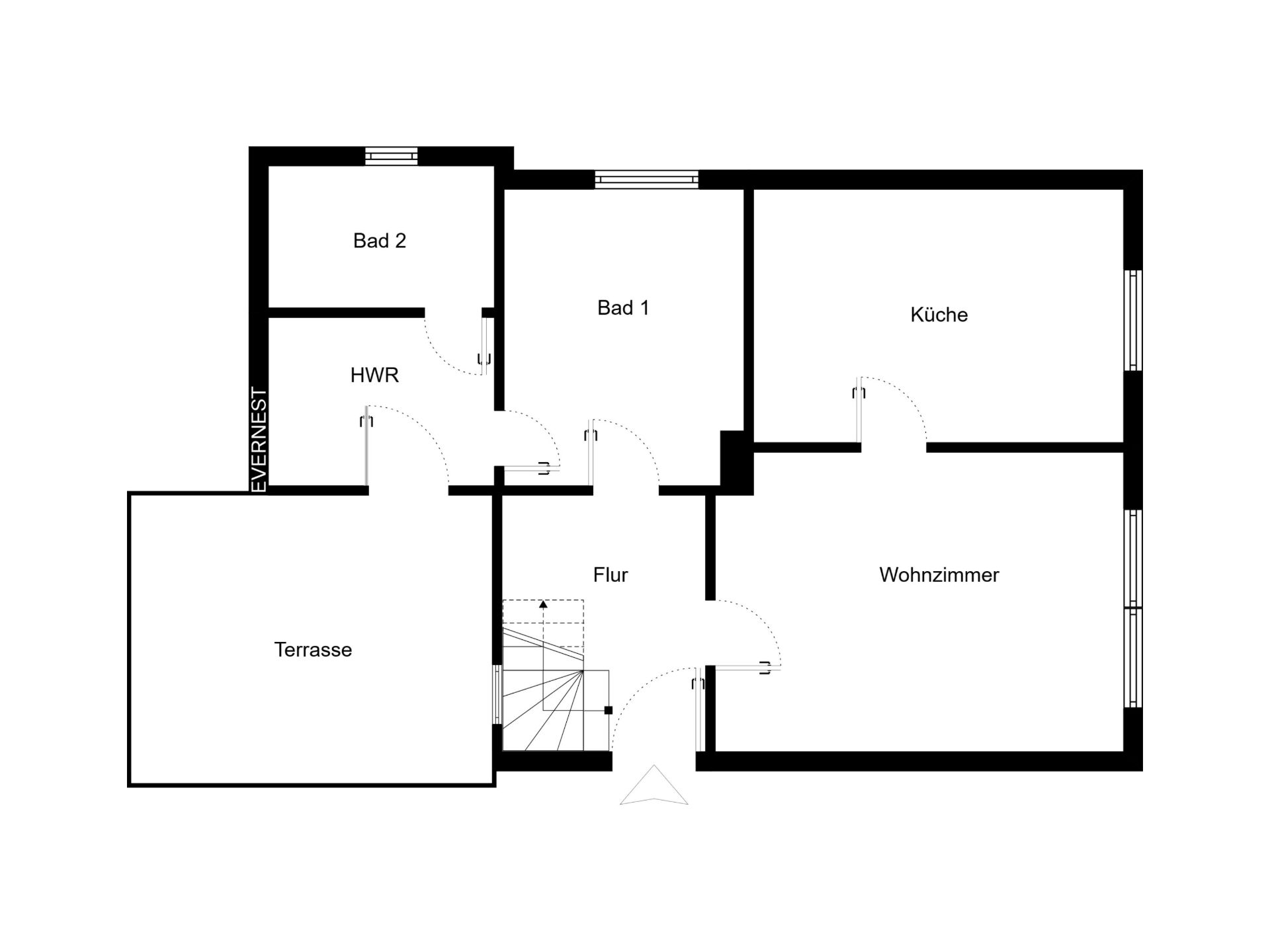 Grundriss mit Wohnzimmer, Küche, zwei Bädern, HWR, Flur und Terrasse.