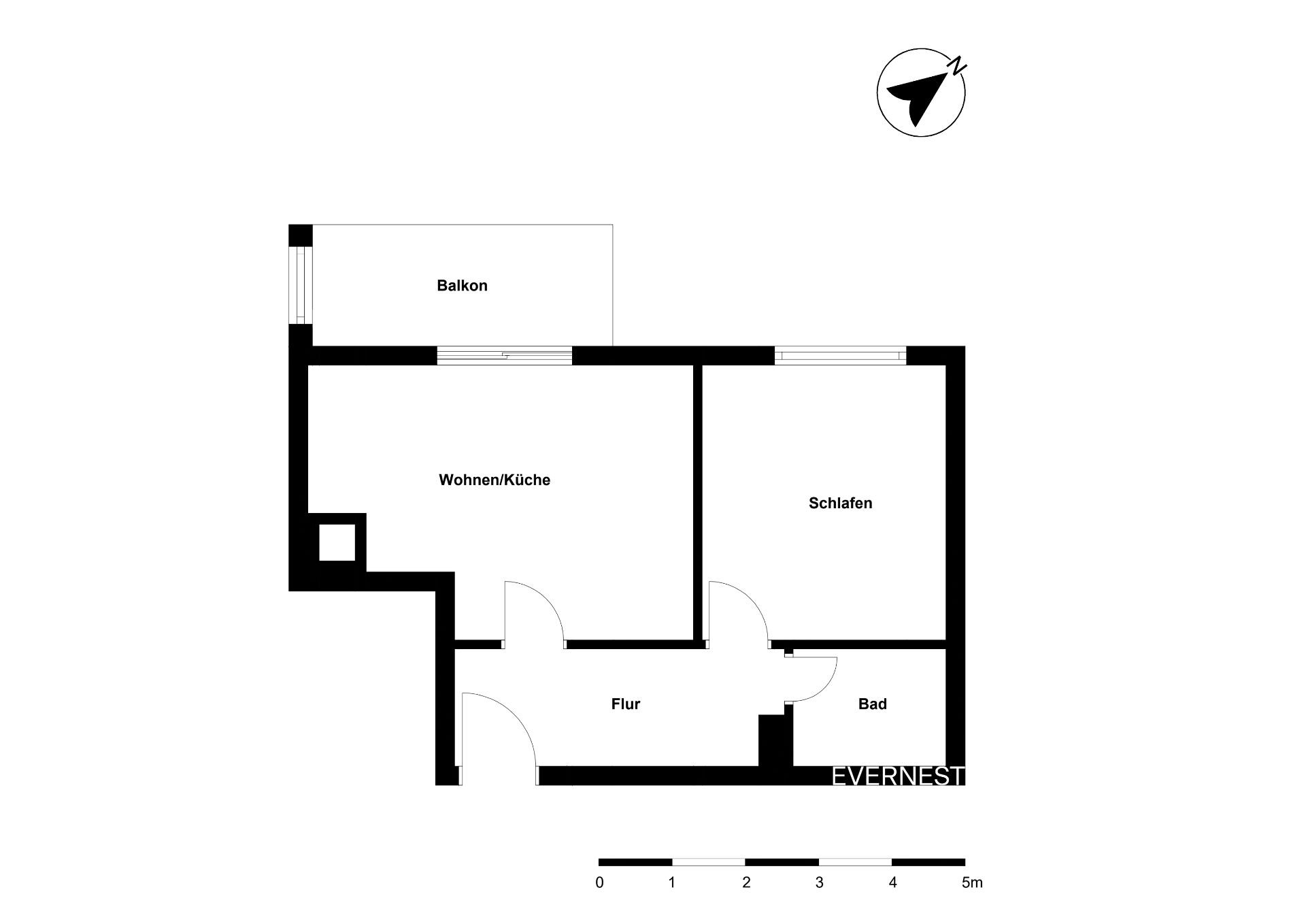 Grundriss einer Wohnung mit Balkon, Wohnküche, Schlafzimmer, Flur und Bad.