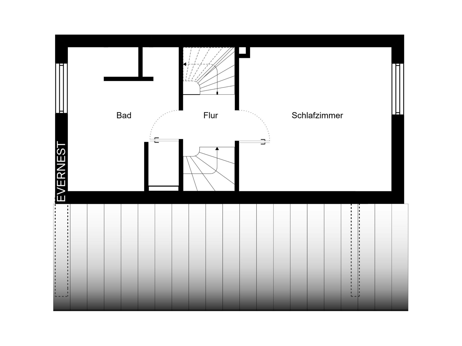 Grundriss mit Bad, Flur und Schlafzimmer.