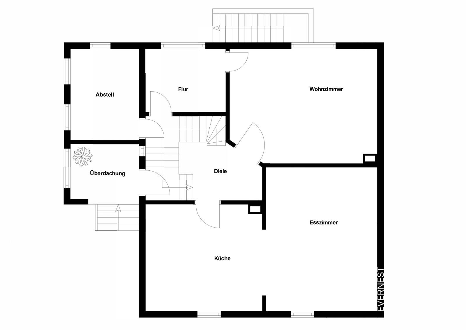 Grundriss mit Wohnzimmer, Esszimmer, Küche, Abstellraum, Flur, Diele und Überdachung.