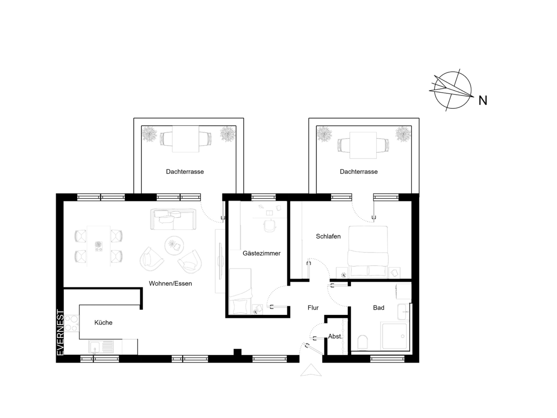 Grundriss einer Wohnung mit Küche, Wohn- und Essbereich, Bad, zwei Terrassen und zwei Schlafzimmern.