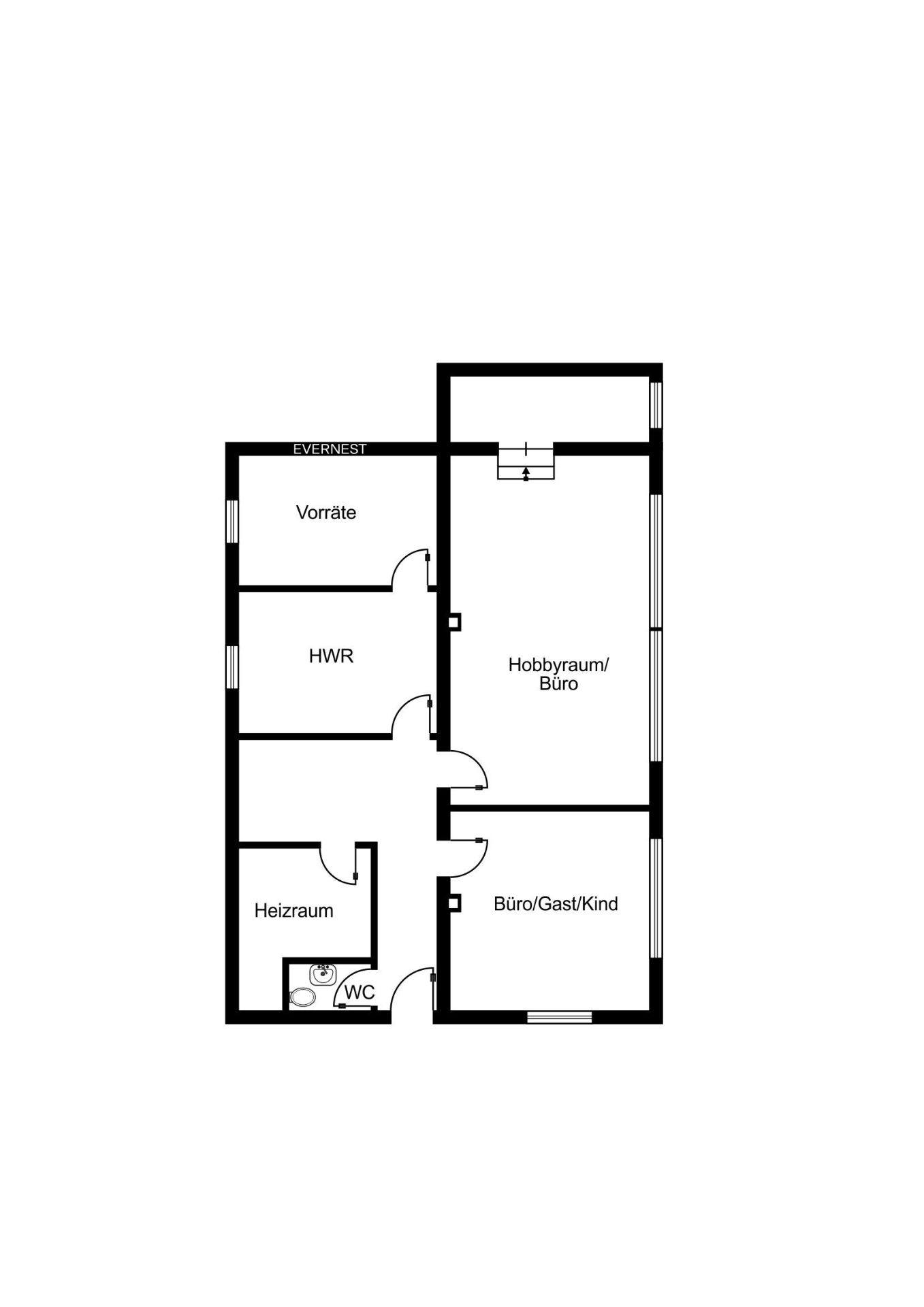 Grundriss mit Vorratsraum, HWR, Heizraum, WC, Hobbyraum und Büro/Gast/Kinderzimmer.