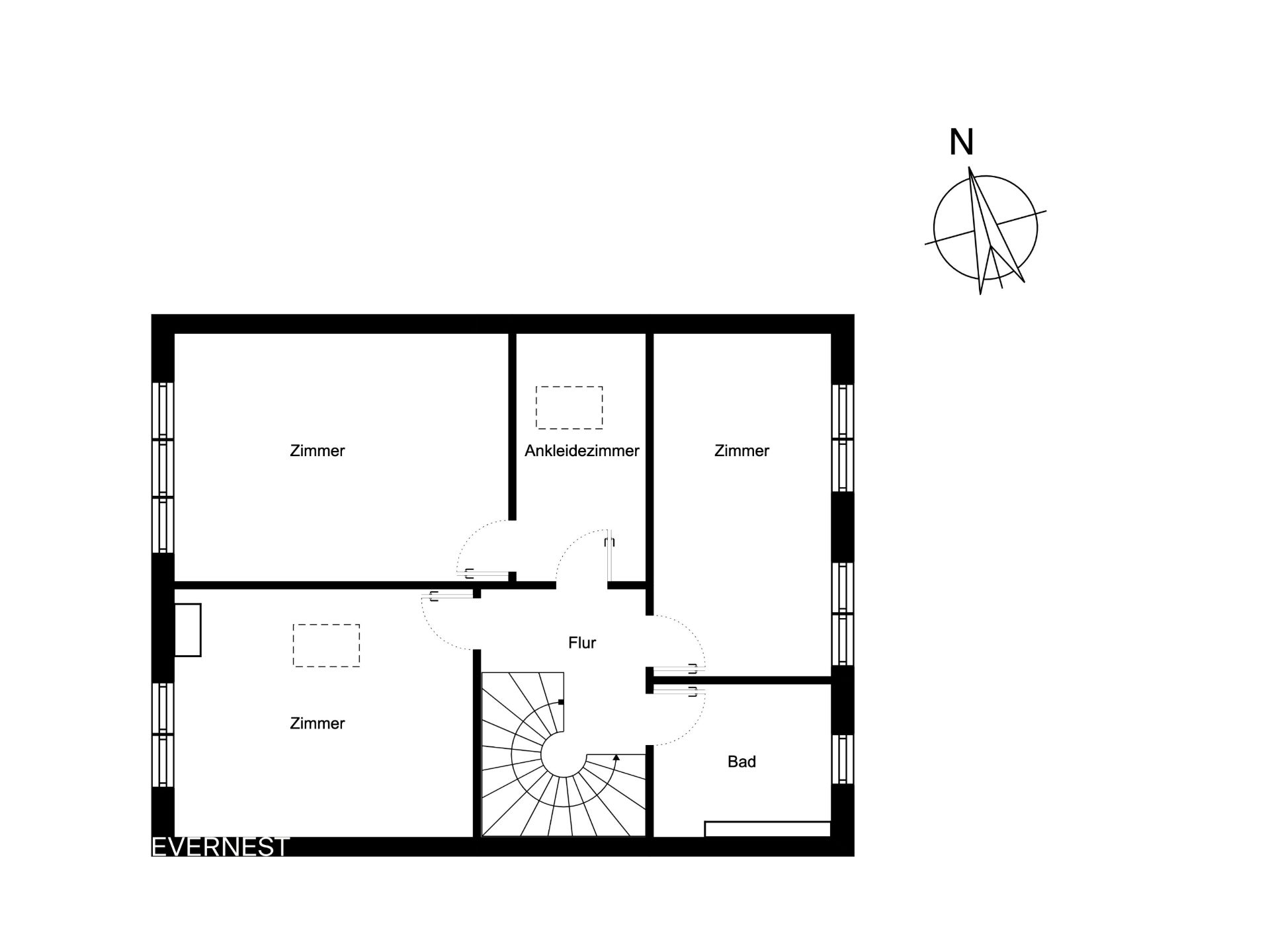 Grundriss mit drei Zimmern, Ankleidezimmer, Bad und Flur, Treppe in der Mitte.