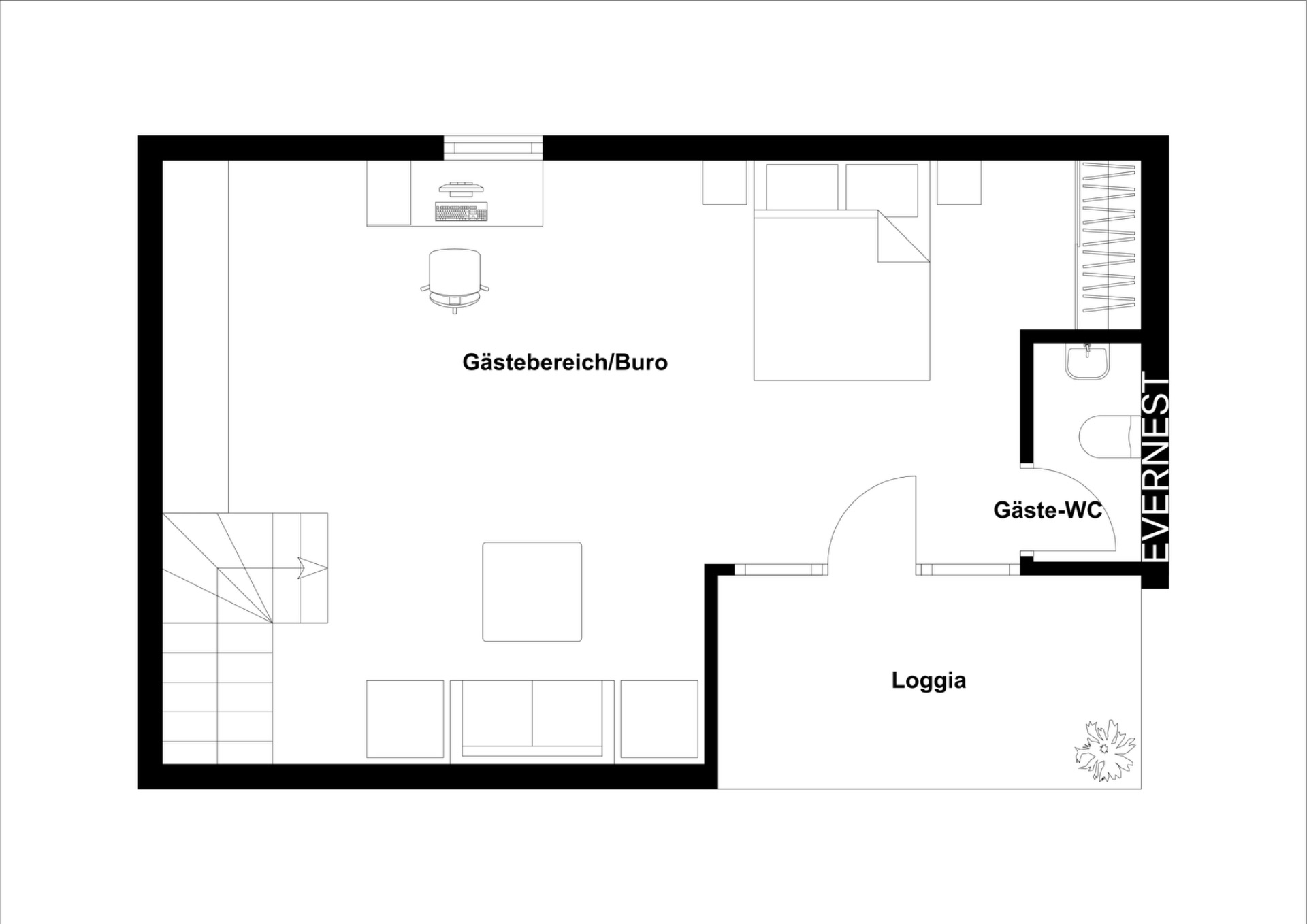 Grundriss mit Gästezimmer, Büro, Gäste-WC, Loggia und Treppe.