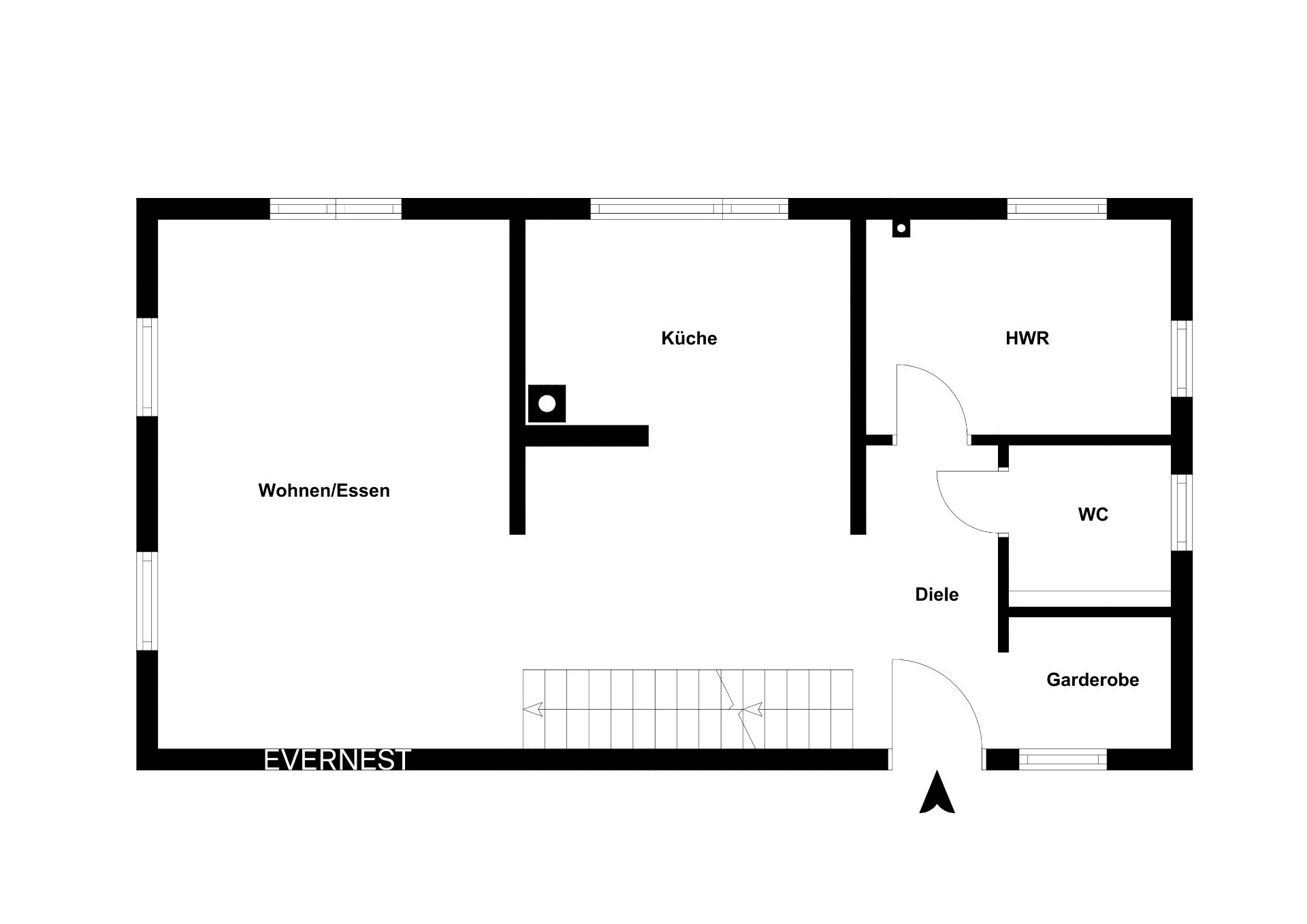 Grundriss eines Wohnhauses mit Wohnzimmer, Küche, HWR, WC, Garderobe und Diele.