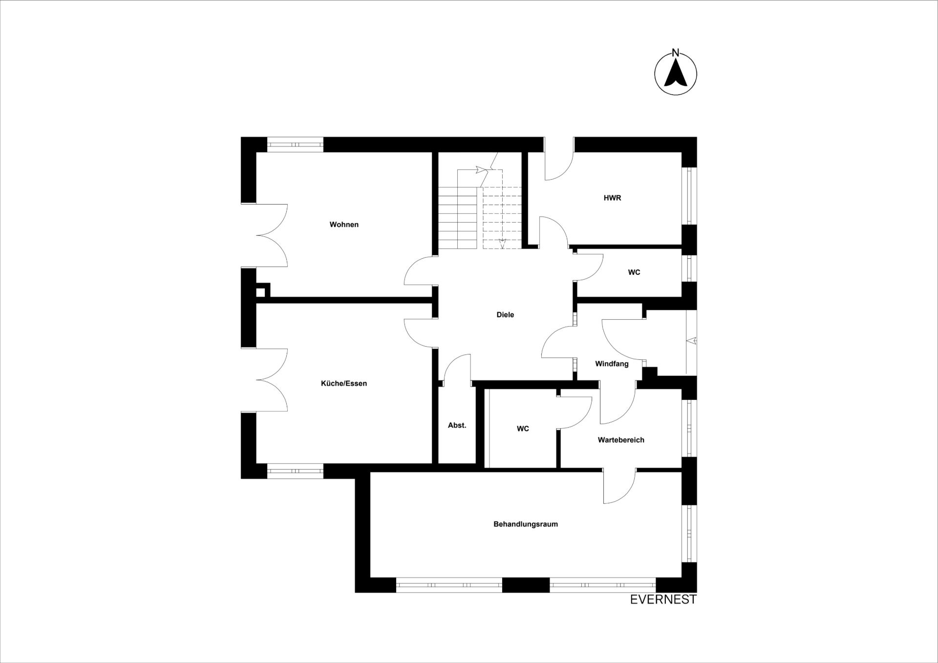Grundriss einer Wohnung mit Wohnzimmer, Küche, Wartebereich und mehreren weiteren Räumen.