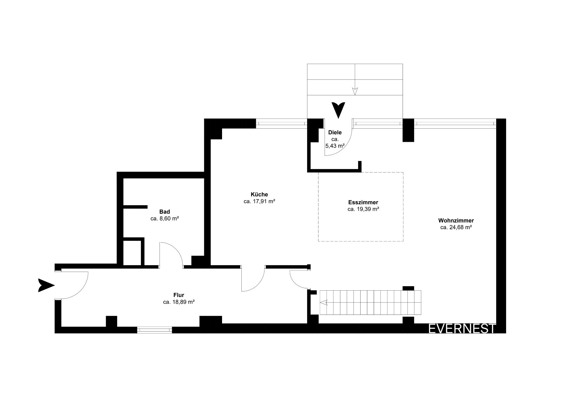 Grundriss mit Flur, Bad, Küche, Esszimmer, Wohnzimmer und Diele, alle Räume beschriftet.