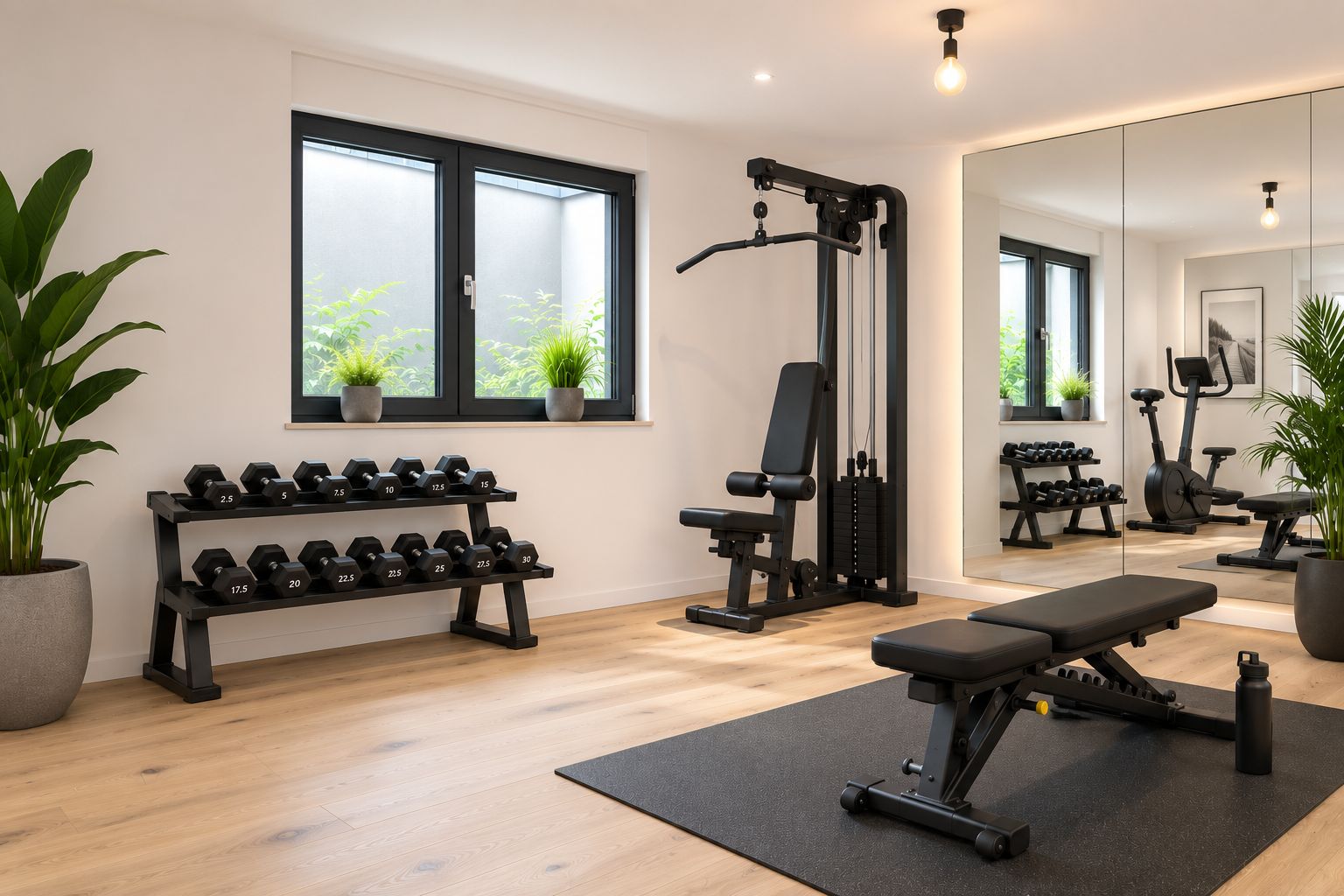 Heller Fitnessraum mit Hanteln, Trainingsbank, Geräten, Spiegelwand und Pflanzen.