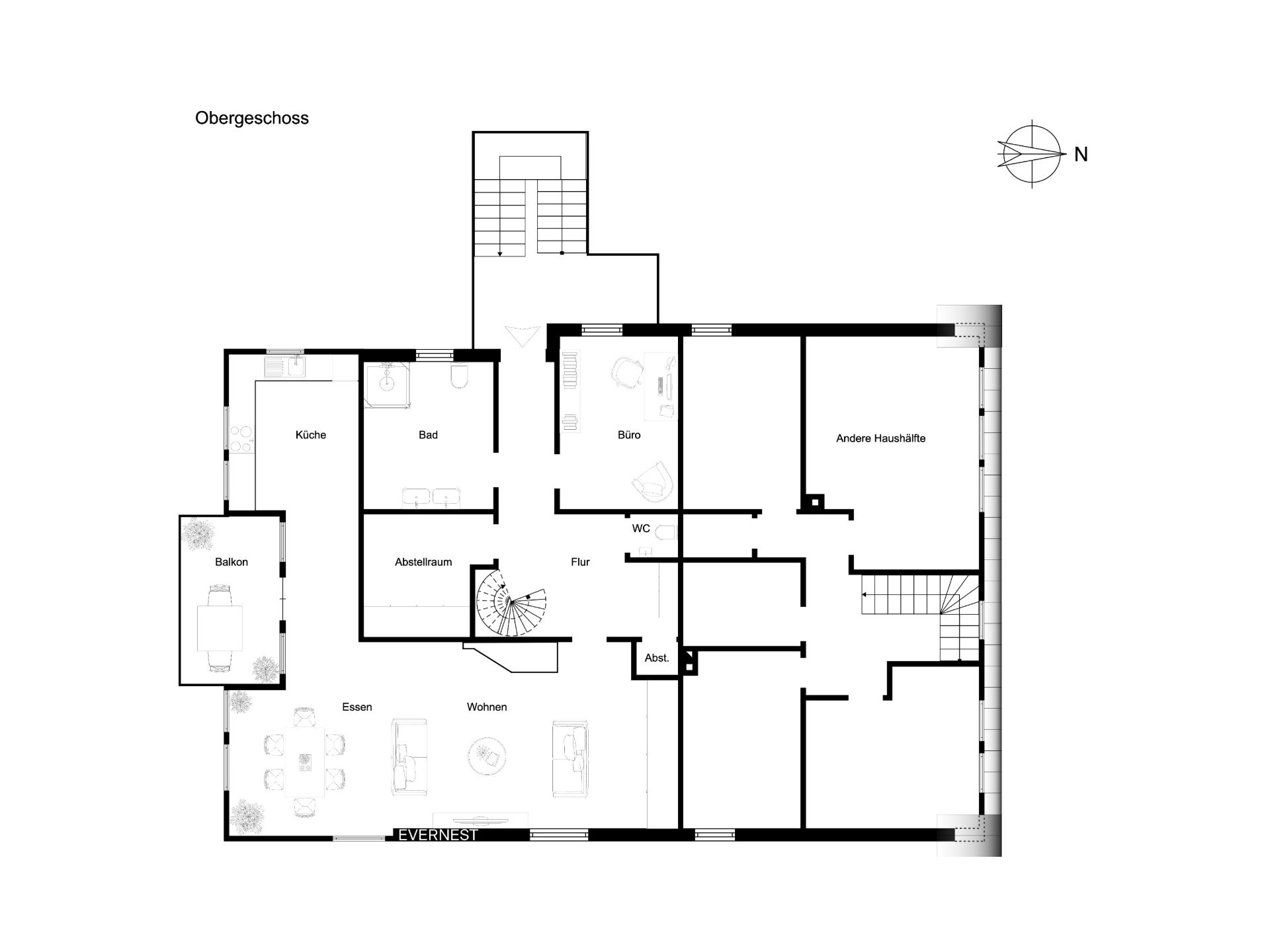 Grundriss eines Obergeschosses mit Balkon, Küche, Bad, Büro, Wohn- und Essbereich.