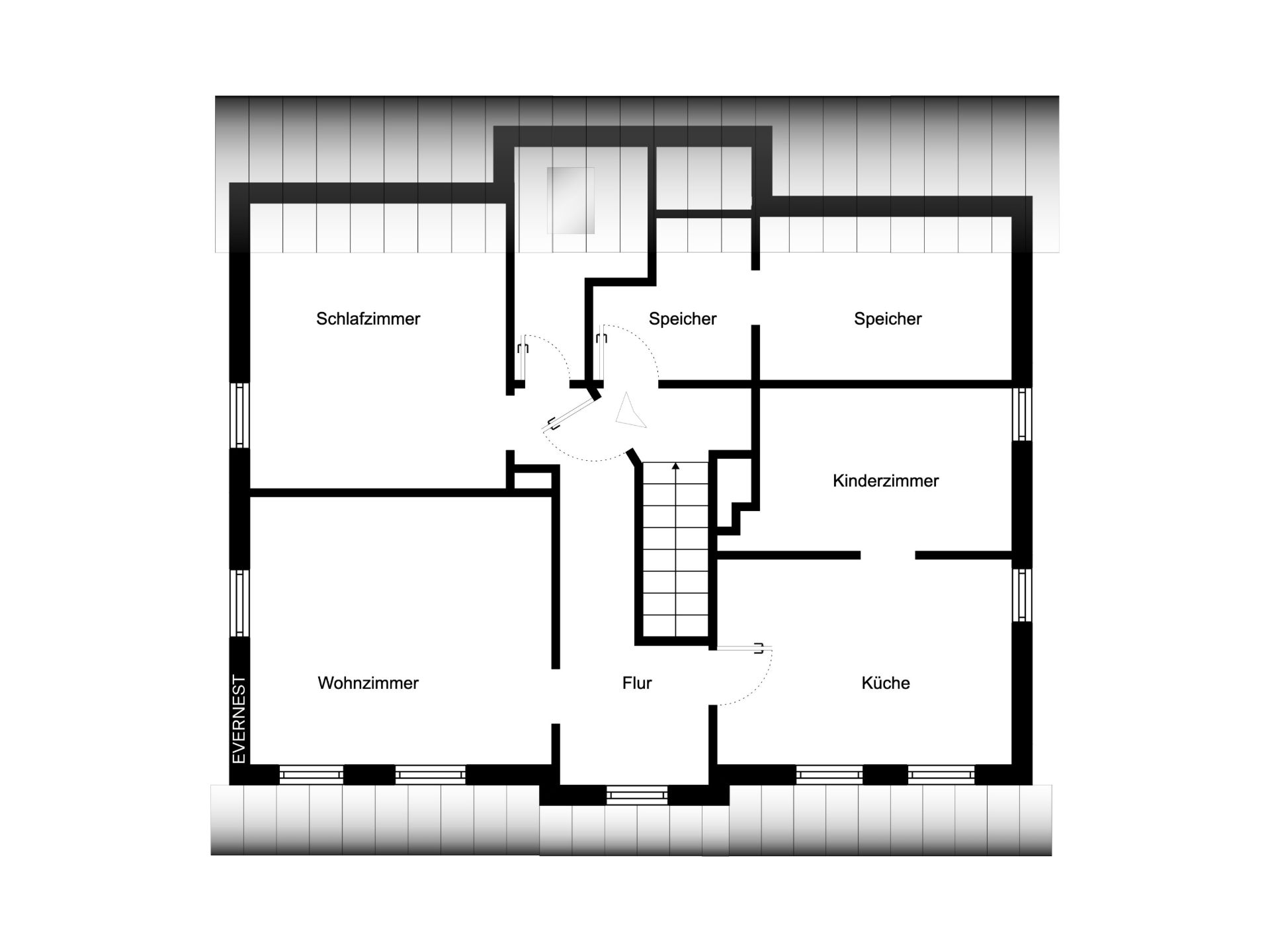 Grundriss einer Wohnung mit Schlafzimmer, Wohnzimmer, Kinderzimmer, Küche, Flur und zwei Speichern.