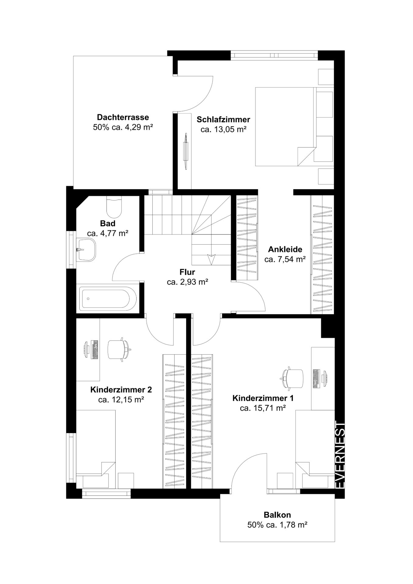 Grundriss mit Schlafzimmer, zwei Kinderzimmern, Bad, Ankleide, Flur, Dachterrasse und Balkon.