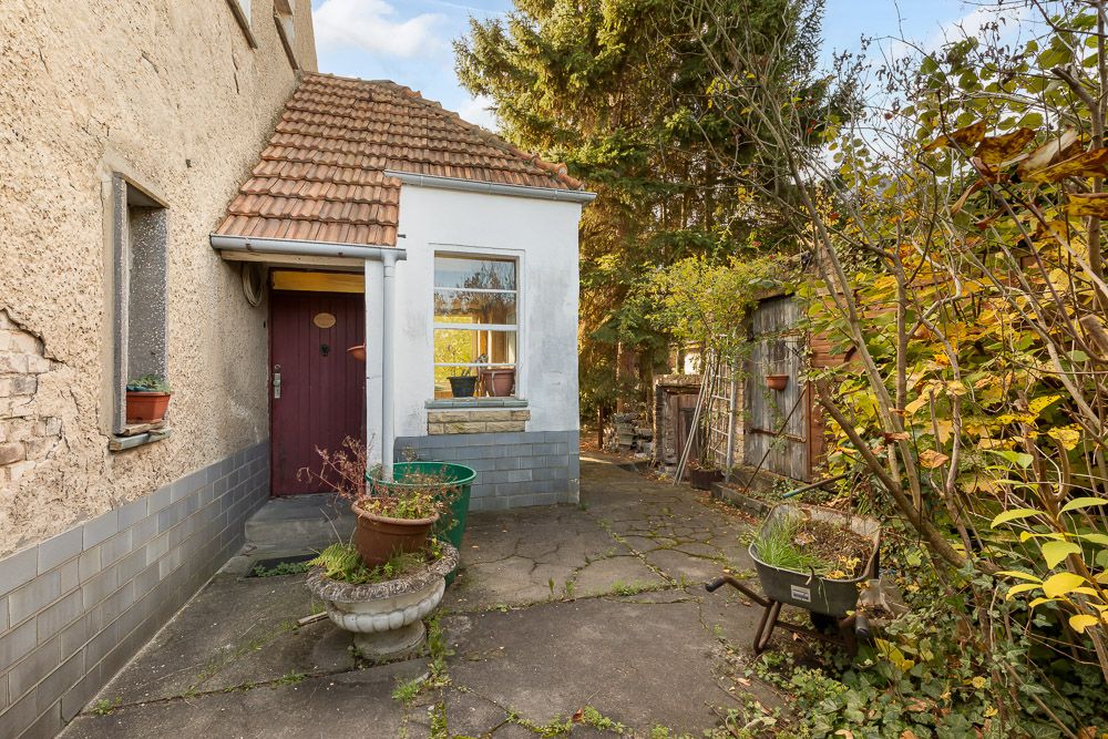 Kleiner Hausvorplatz mit roter Tür, Blumenkübeln und einer Schubkarre, umgeben von Pflanzen.