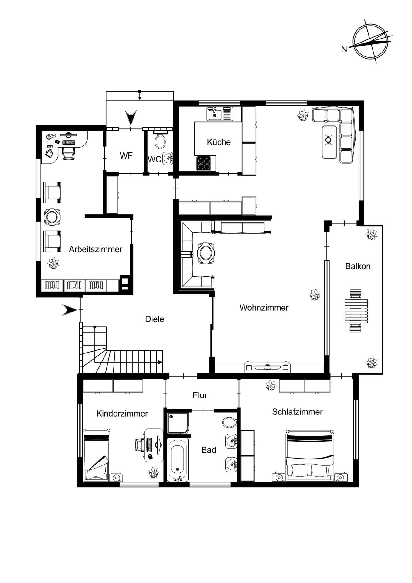 Grundriss einer Wohnung mit Wohnzimmer, Küche, Balkon, Bad, Schlafzimmer, Kinderzimmer und Arbeitszimmer.
