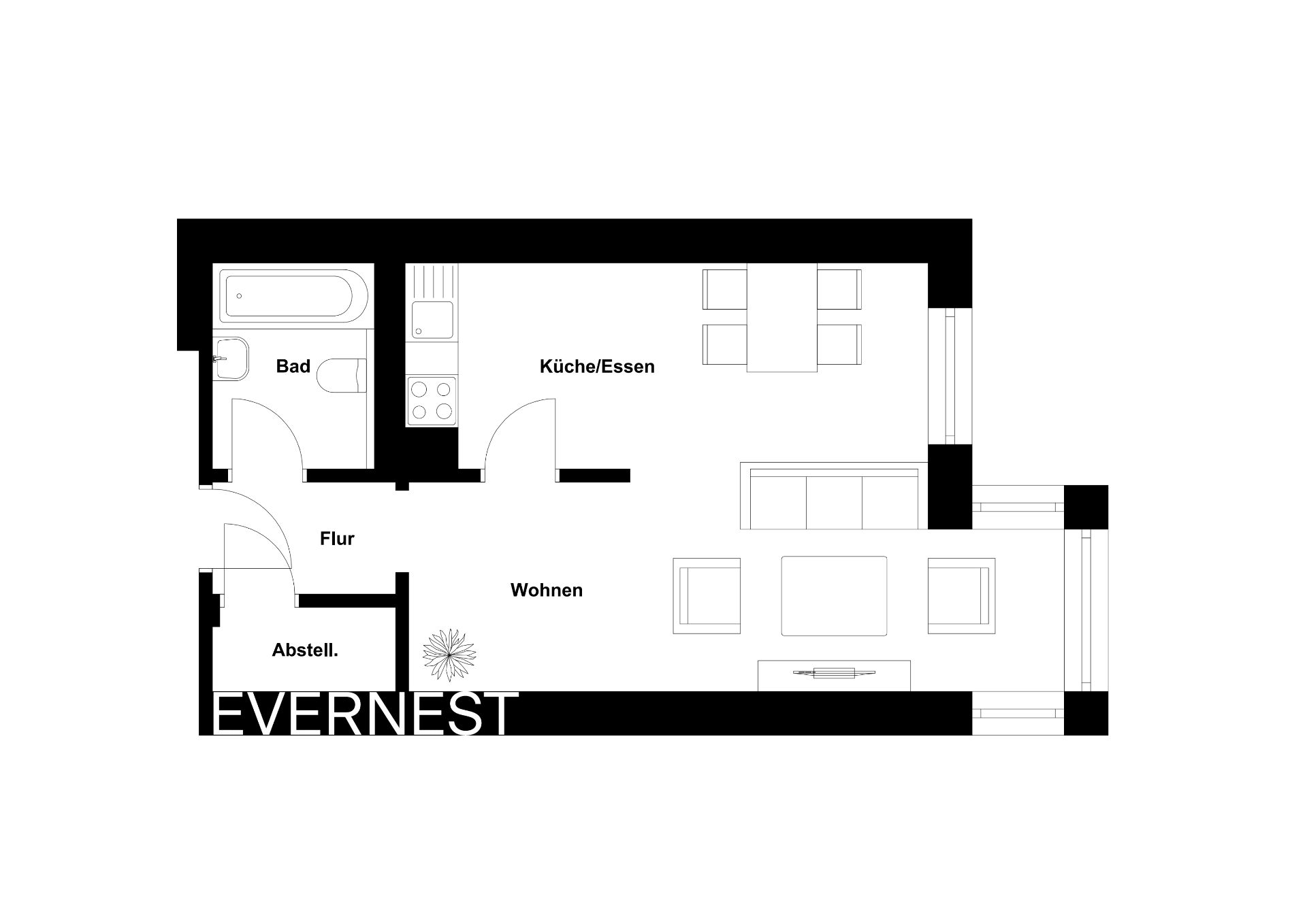 Grundriss einer Wohnung mit Bad, Küche/Essen, Wohnen, Flur und Abstellraum.
