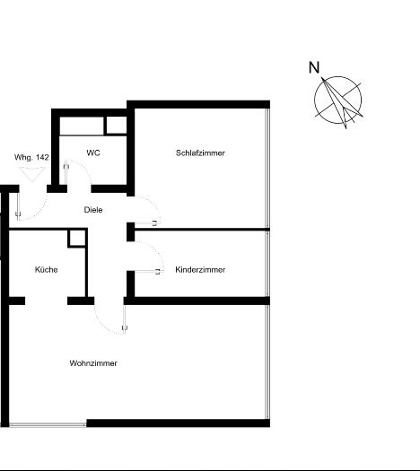 Grundriss einer Wohnung mit Wohnzimmer, Schlafzimmer, Kinderzimmer, Küche, Diele und WC.