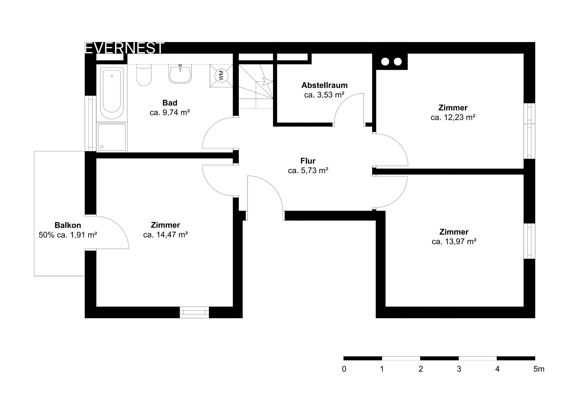 Grundriss einer Wohnung mit drei Zimmern, Bad, Flur, Abstellraum und Balkon.
