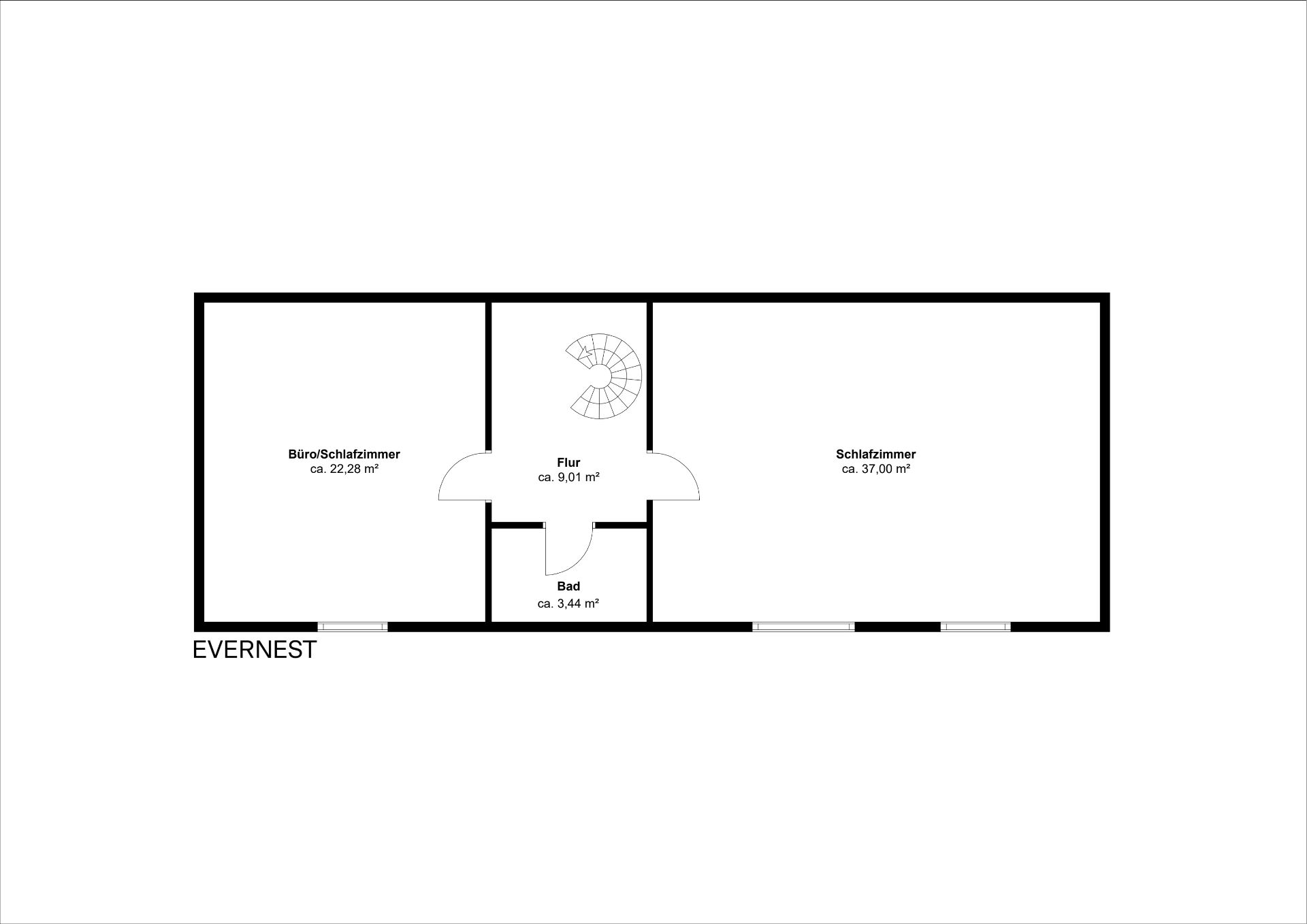 Grundriss mit Büro/Schlafzimmer, Flur, Bad und Schlafzimmer, jeweils mit Quadratmeterangabe.