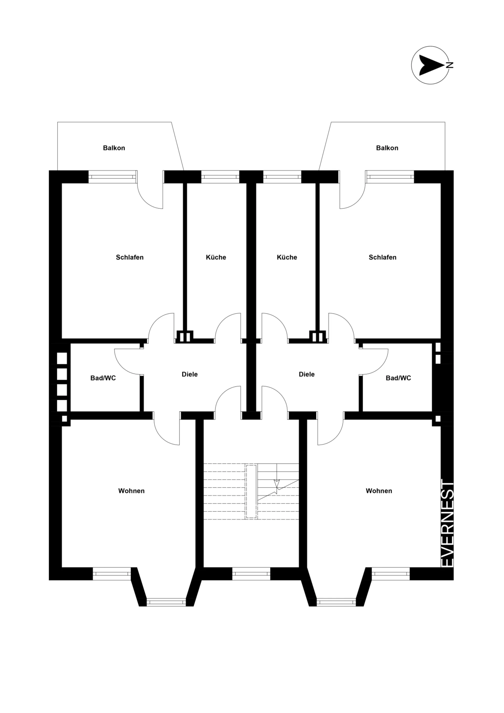 Grundriss mit zwei Wohnungen, je mit Wohnzimmer, Schlafzimmer, Küche, Bad und Balkon.