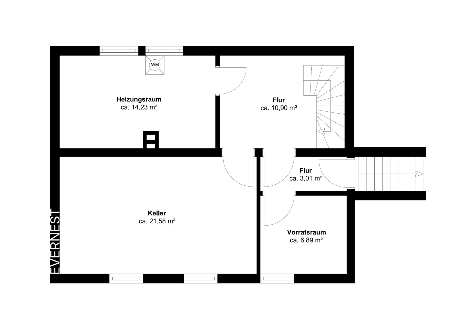 Grundriss eines Kellers mit Heizungsraum, Vorratsraum, Fluren und Kellerraum, Flächenangaben in m².