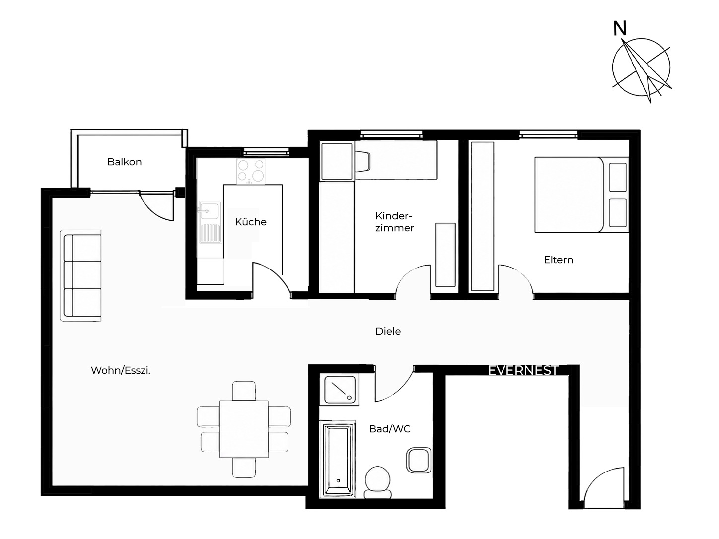 Grundriss einer Wohnung mit Balkon, Wohnzimmer, Küche, Bad, Kinderzimmer und Schlafzimmer.