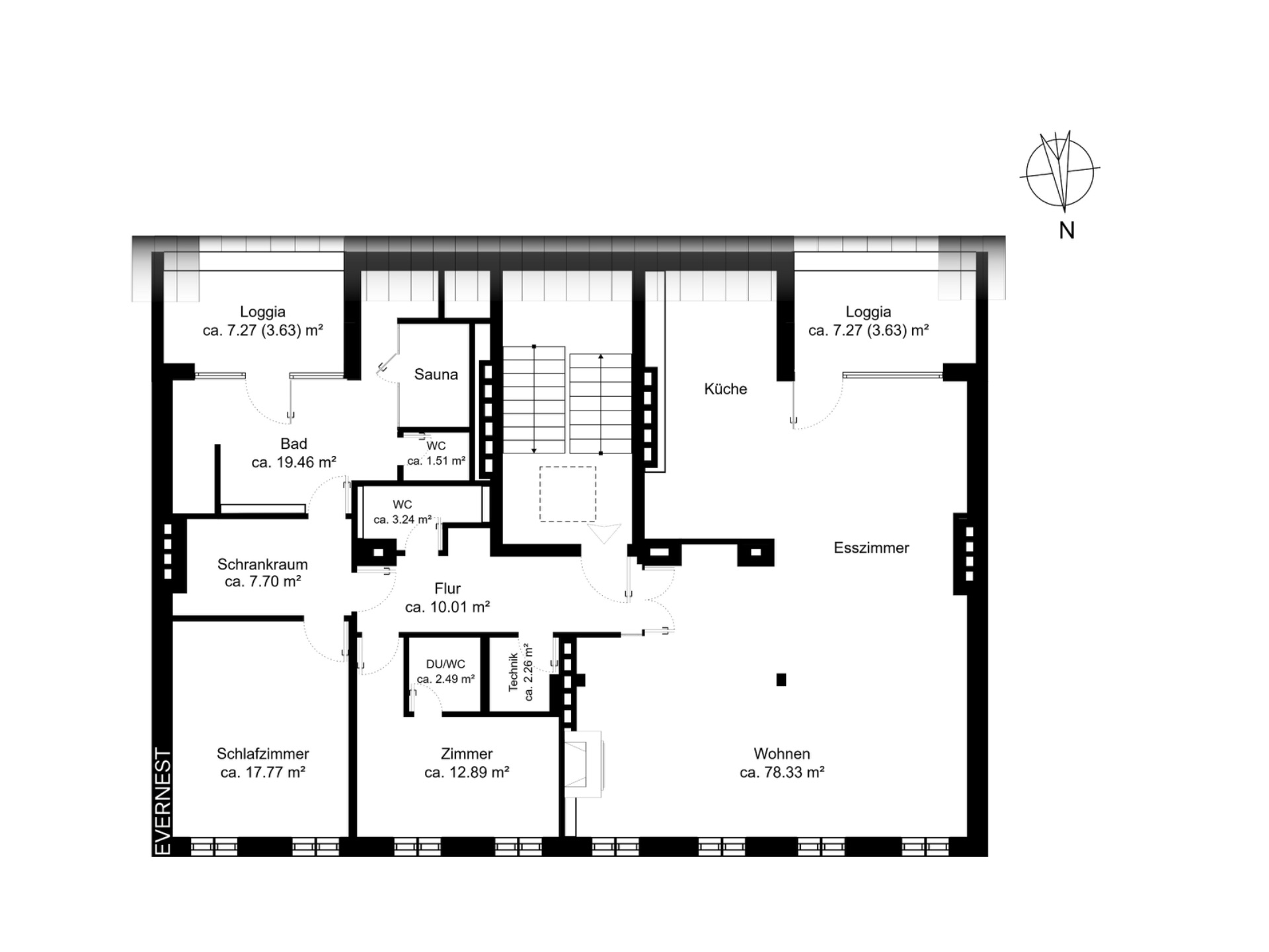 Grundriss einer Wohnung mit Wohnzimmer, Schlafzimmer, Küche, Bad, Sauna und zwei Loggien.