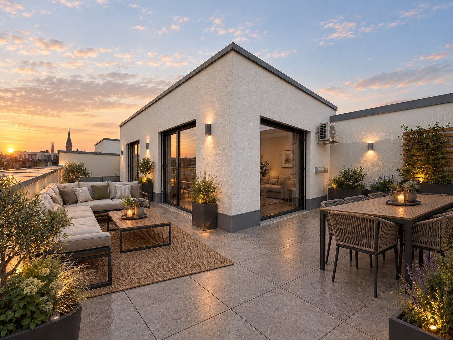 Moderne Dachterrasse mit Sitzecke, Esstisch, Pflanzen und Blick auf Sonnenuntergang.