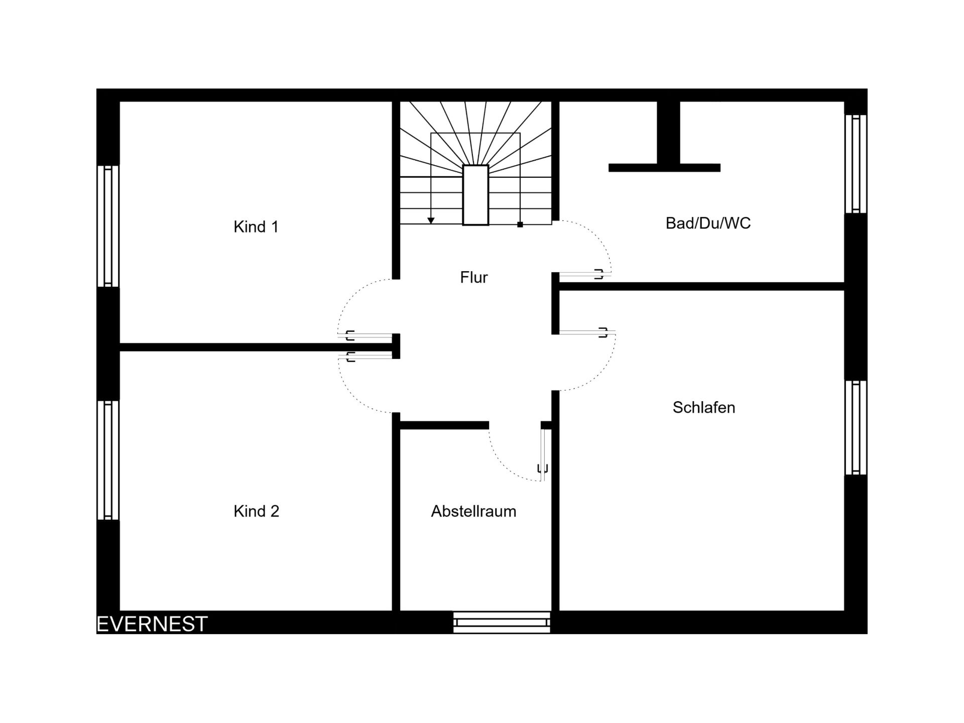 Grundriss mit Flur, zwei Kinderzimmern, Schlafzimmer, Bad und Abstellraum.