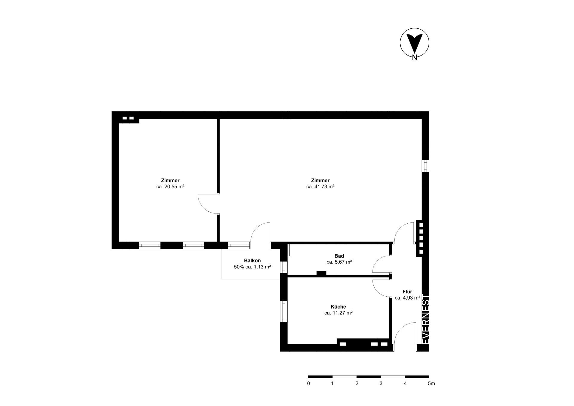 Grundriss mit zwei Zimmern, Küche, Bad, Flur und Balkon.